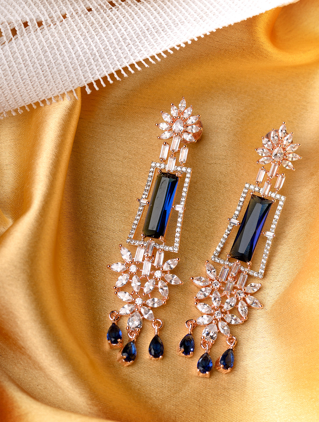 Rose Gold plated Blue AD studded Drop Earrings, zaveri pearls, sale price rs, sale price, sale gold plated, sale gold, sale, rubans, ring, regular price, priyassi jewellery, kushal's - Saraf 