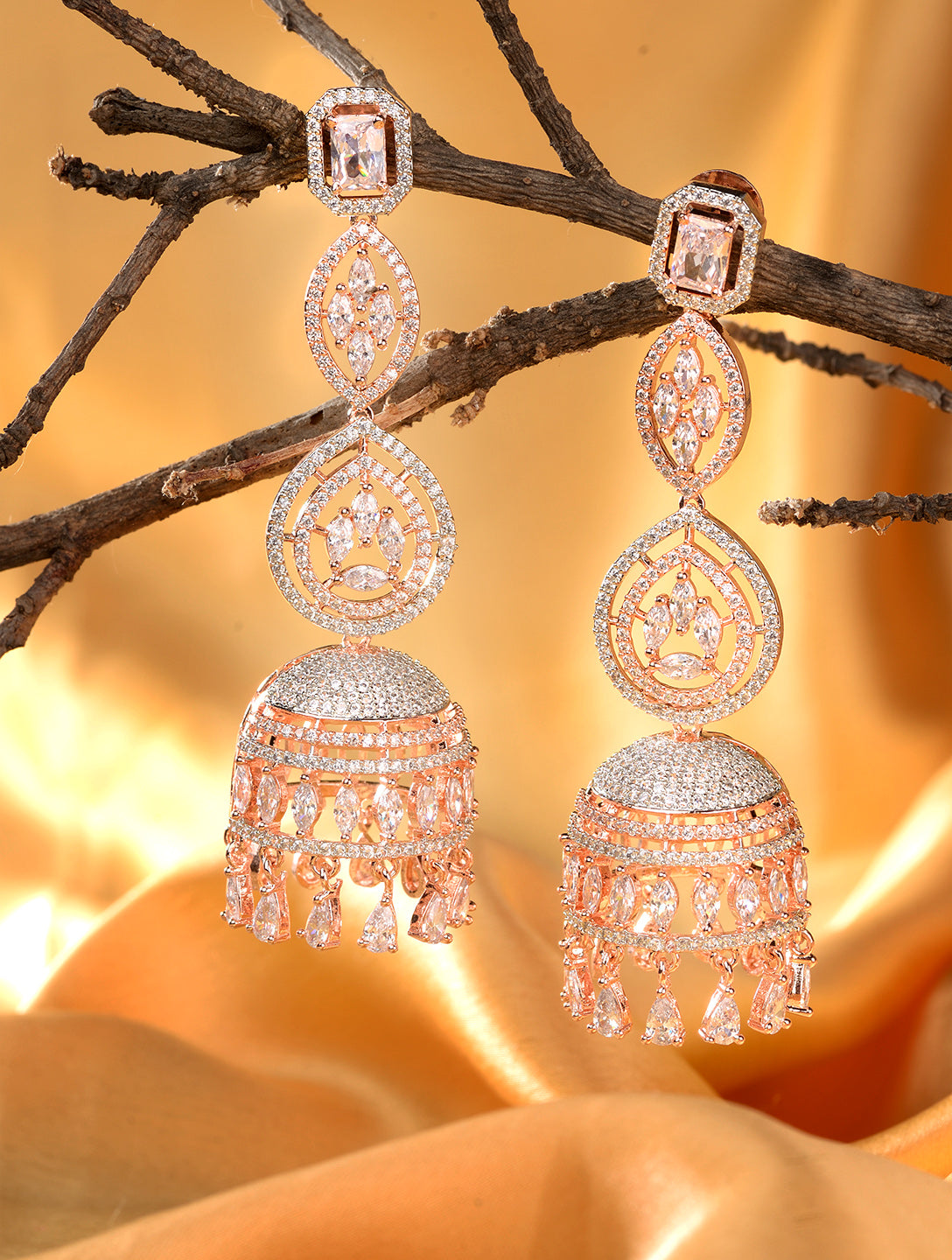 Rose Gold plated Bell shaped AD studded Jhumka Earrings, zaveri pearls, sale price rs, sale price, sale gold plated, sale gold, sale, rubans, ring, regular price, priyassi jewellery, kushal's