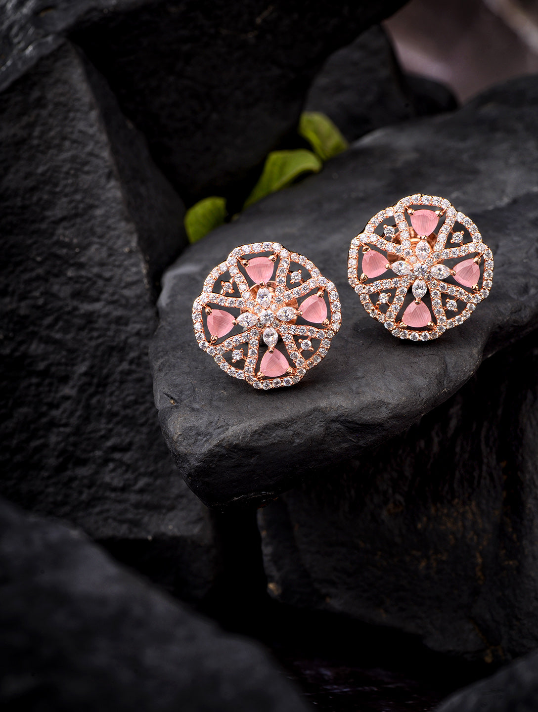 Handcrafted Floral Design Pastel pink studs Rose quartz small earrings Rose gold plated, zaveri pearls, sale price rs, sale price, sale gold plated, sale gold, sale, rubans, ring, regular pri