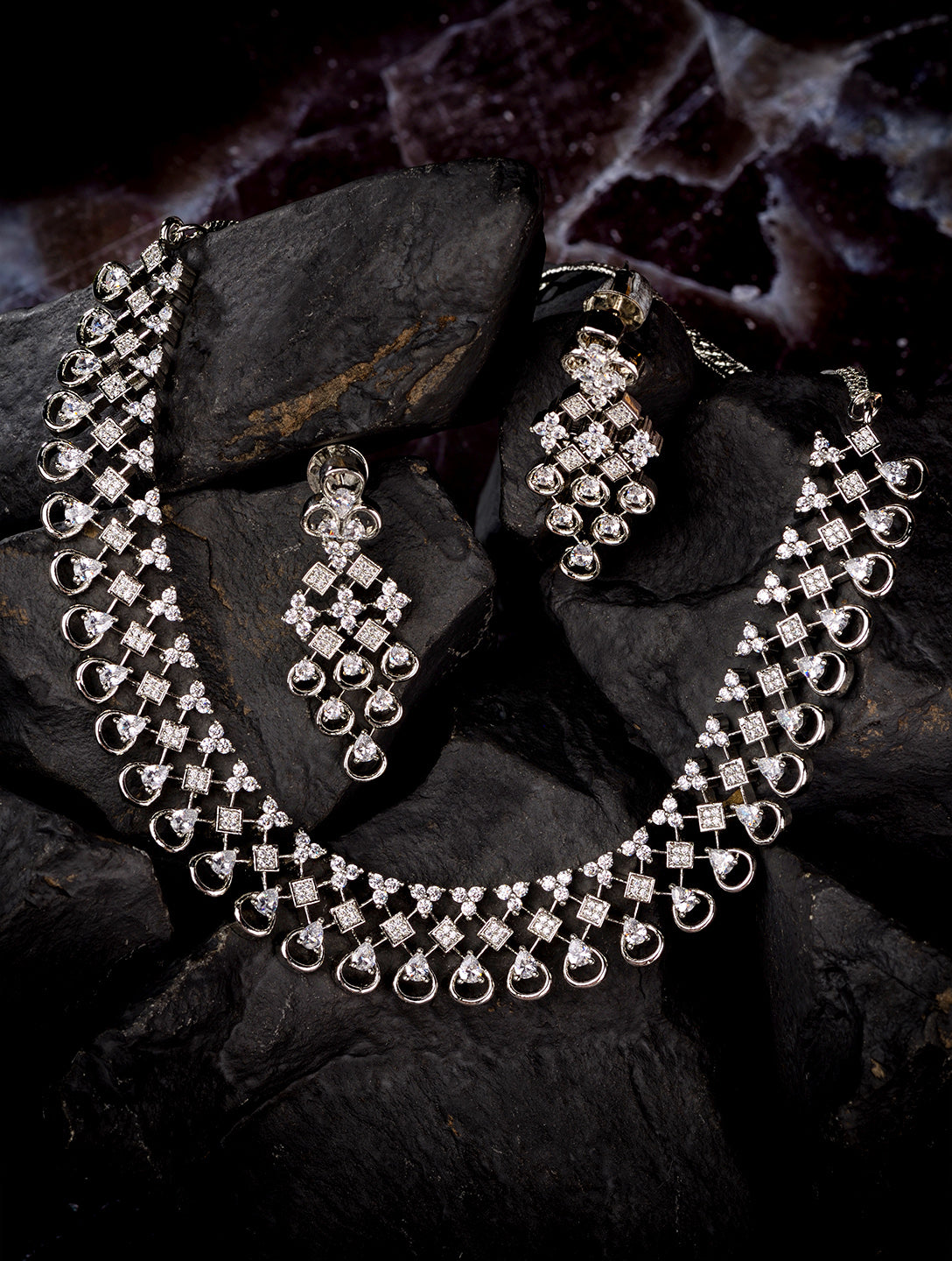 White Rhodium plated Unique Design AD studded Necklace Earrings Girls, zaveri pearls, sale price rs, sale price, sale gold plated, sale gold, sale, rubans, ring, regular price, priyassi jewel