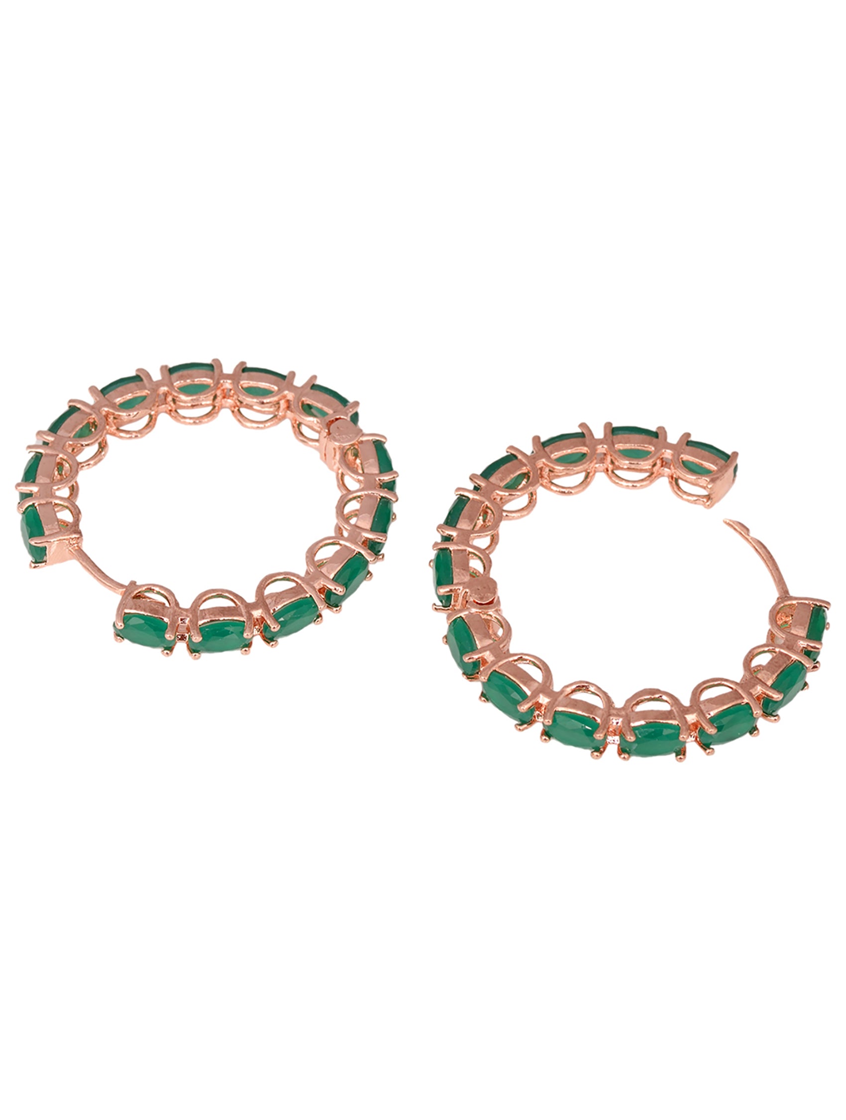 Emerald studded Hoops Rose Gold Plated Green Round Big Earrings, zaveri pearls, sale price rs, sale price, sale gold plated, sale gold, sale, rubans, ring, regular price, priyassi jewellery, 