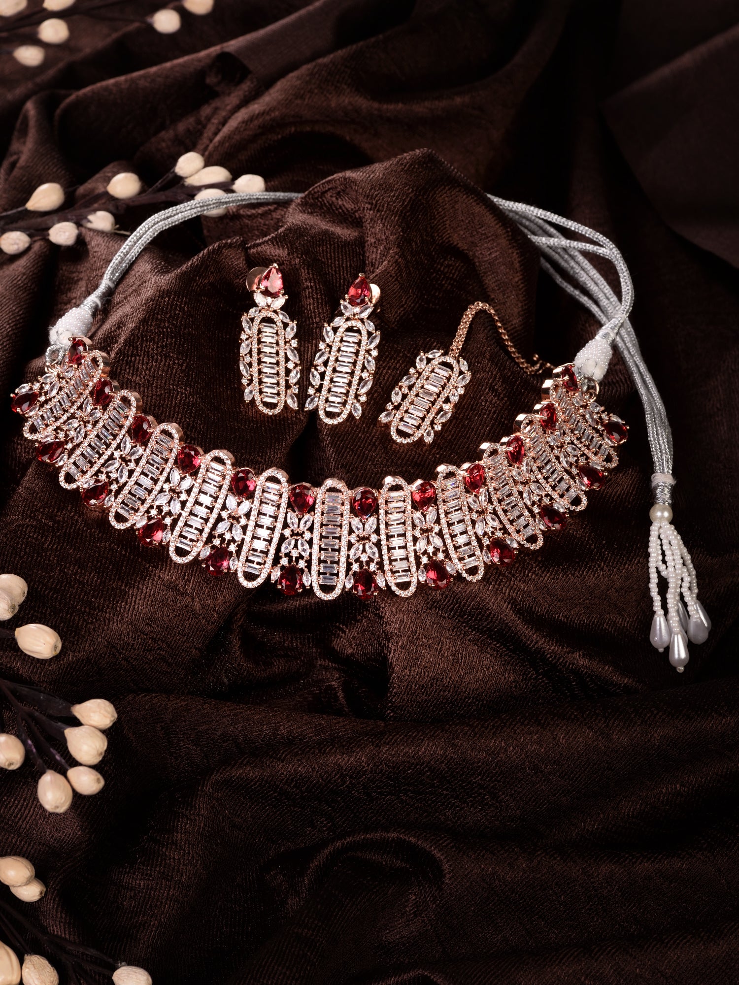 Rose Gold Plated Red & White AD Studded Choker Tika Jewellery Set, zaveri pearls, sale price rs, sale price, sale gold plated, sale gold, sale, rubans, ring, regular price, priyassi jewellery