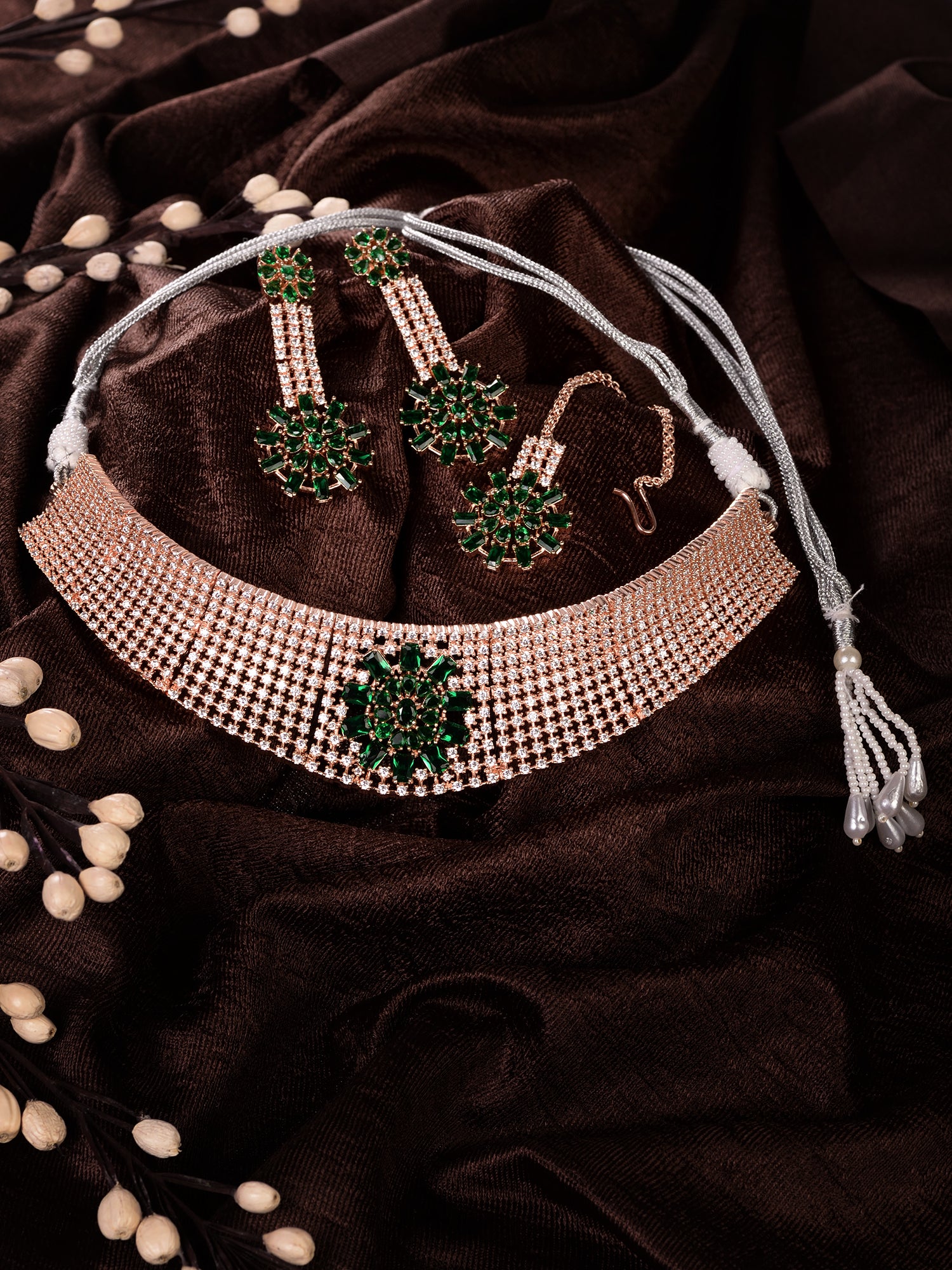 Rose gold Toned Green AD Studded Contemporary Choker Jewellery Set Tika, zaveri pearls, sale price rs, sale price, sale gold plated, sale gold, sale, rubans, ring, regular price, priyassi jew
