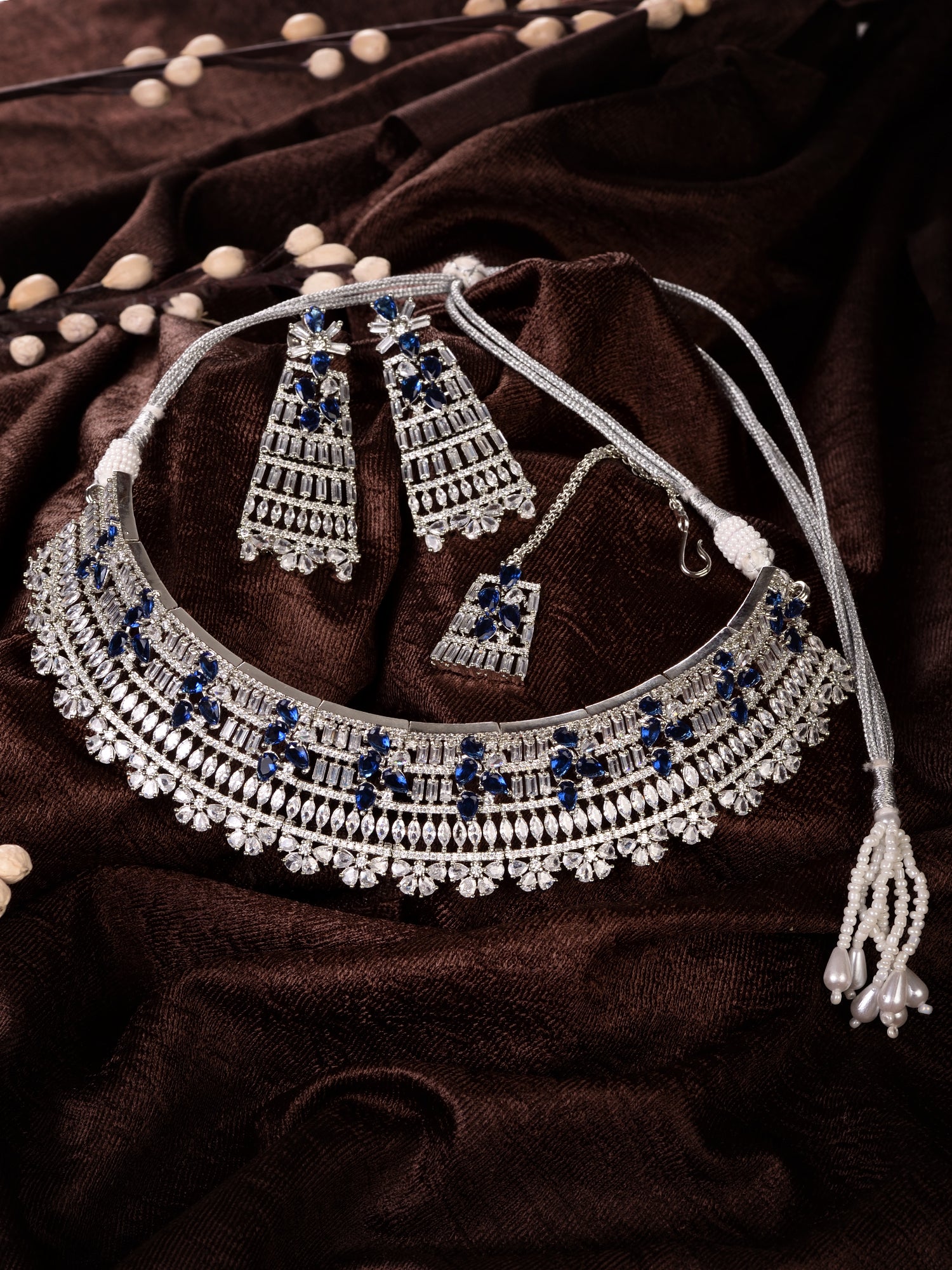 Silver Toned Blue Studded Designer Choker Jewellery Set mang Tika, zaveri pearls, sale price rs, sale price, sale gold plated, sale gold, sale, rubans, ring, regular price, priyassi jewellery