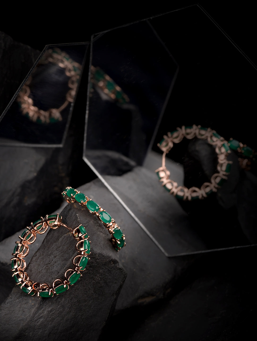 Emerald studded Hoops Rose Gold Plated Green Round Big Earrings, zaveri pearls, sale price rs, sale price, sale gold plated, sale gold, sale, rubans, ring, regular price, priyassi jewellery, 