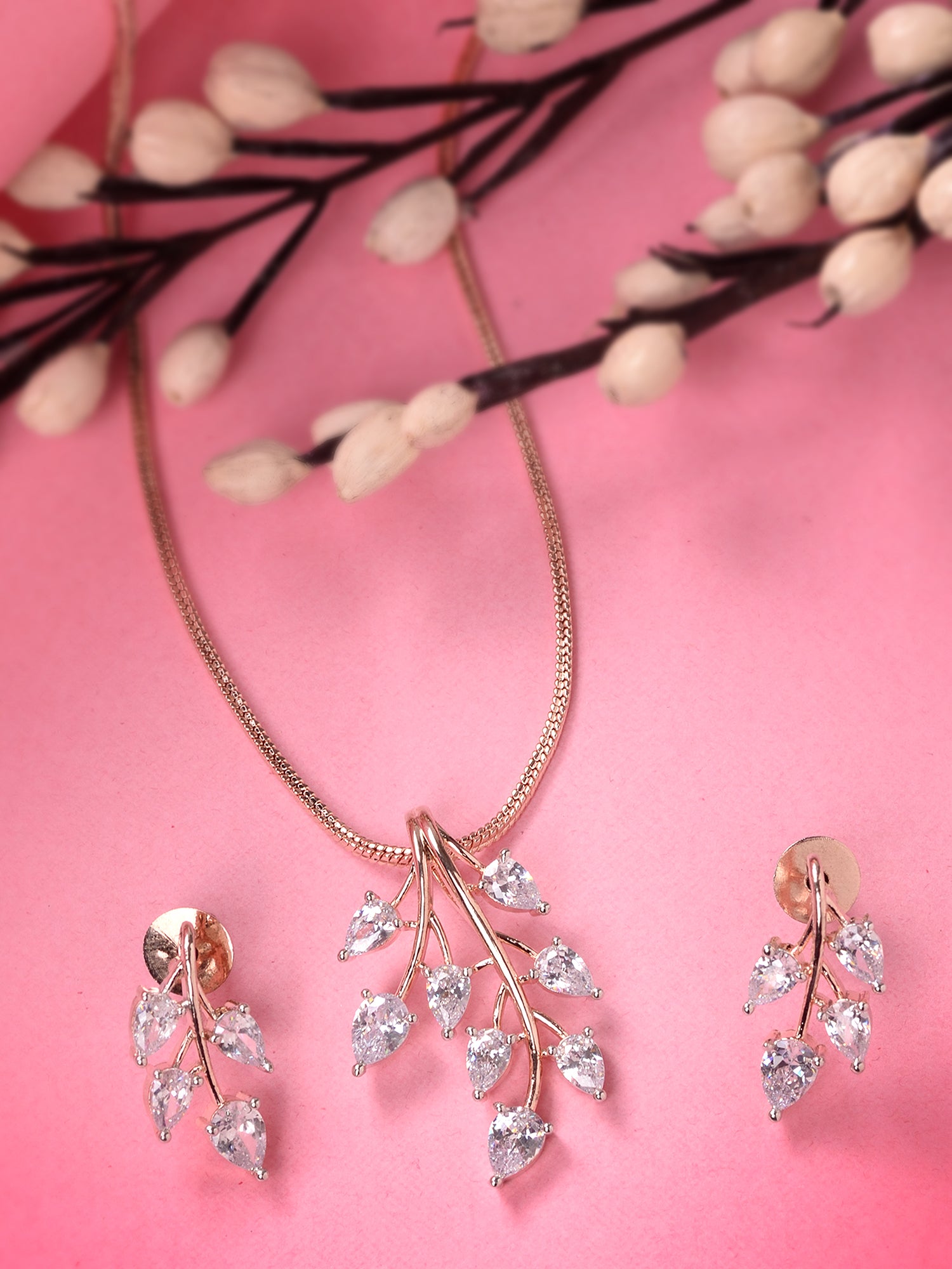 Rose Gold Plated White AD Studded Leaf Design Locket Jewellery Set, zaveri pearls, sale price rs, sale price, sale gold plated, sale gold, sale, rubans, ring, regular price, priyassi jeweller