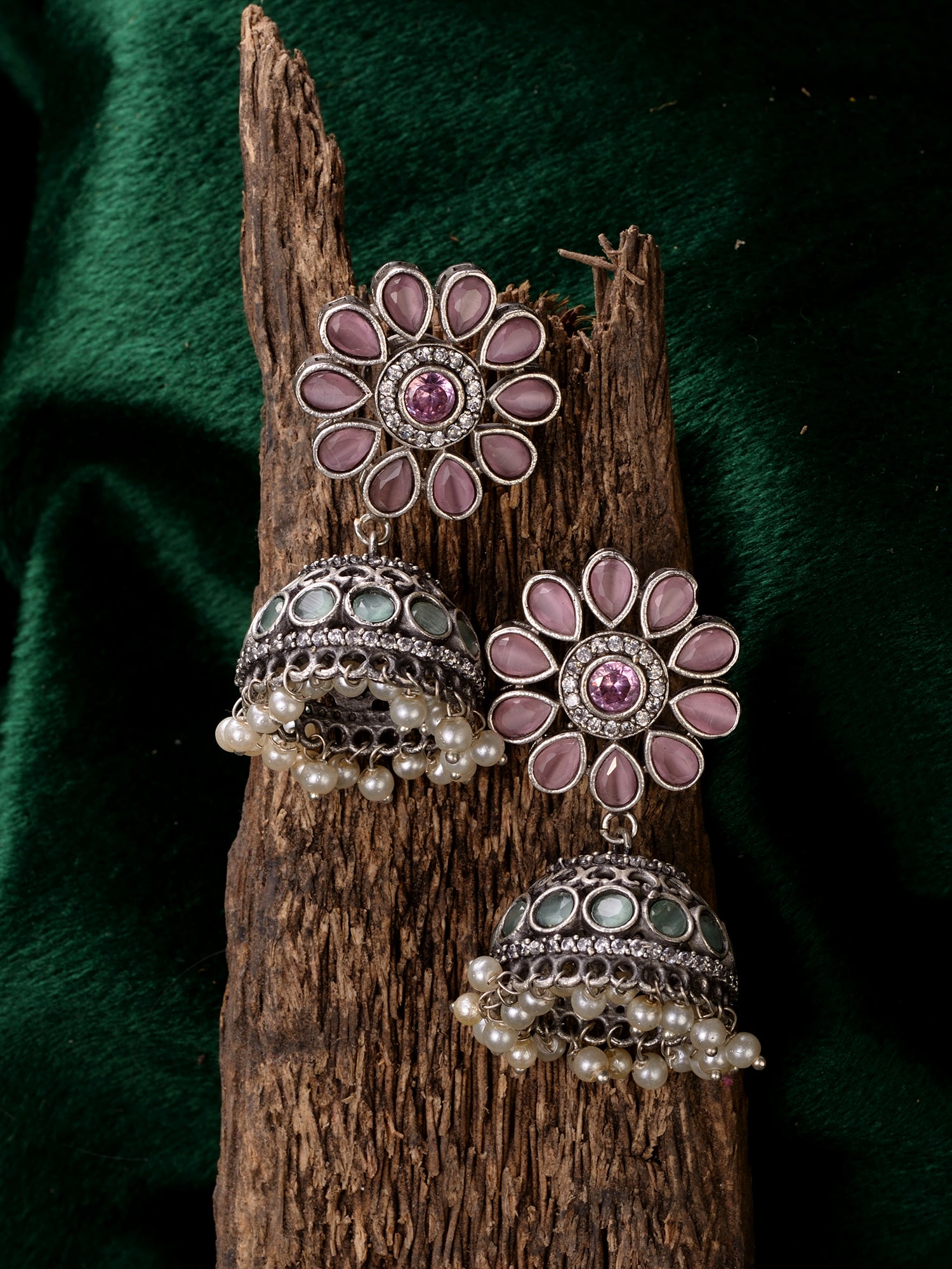 Oxidised Siver Pink Stone Studded Dome Jhumka Earrings, zaveri pearls, sale price rs, sale price, sale gold plated, sale gold, sale, rubans, ring, regular price, priyassi jewellery, kushal's 