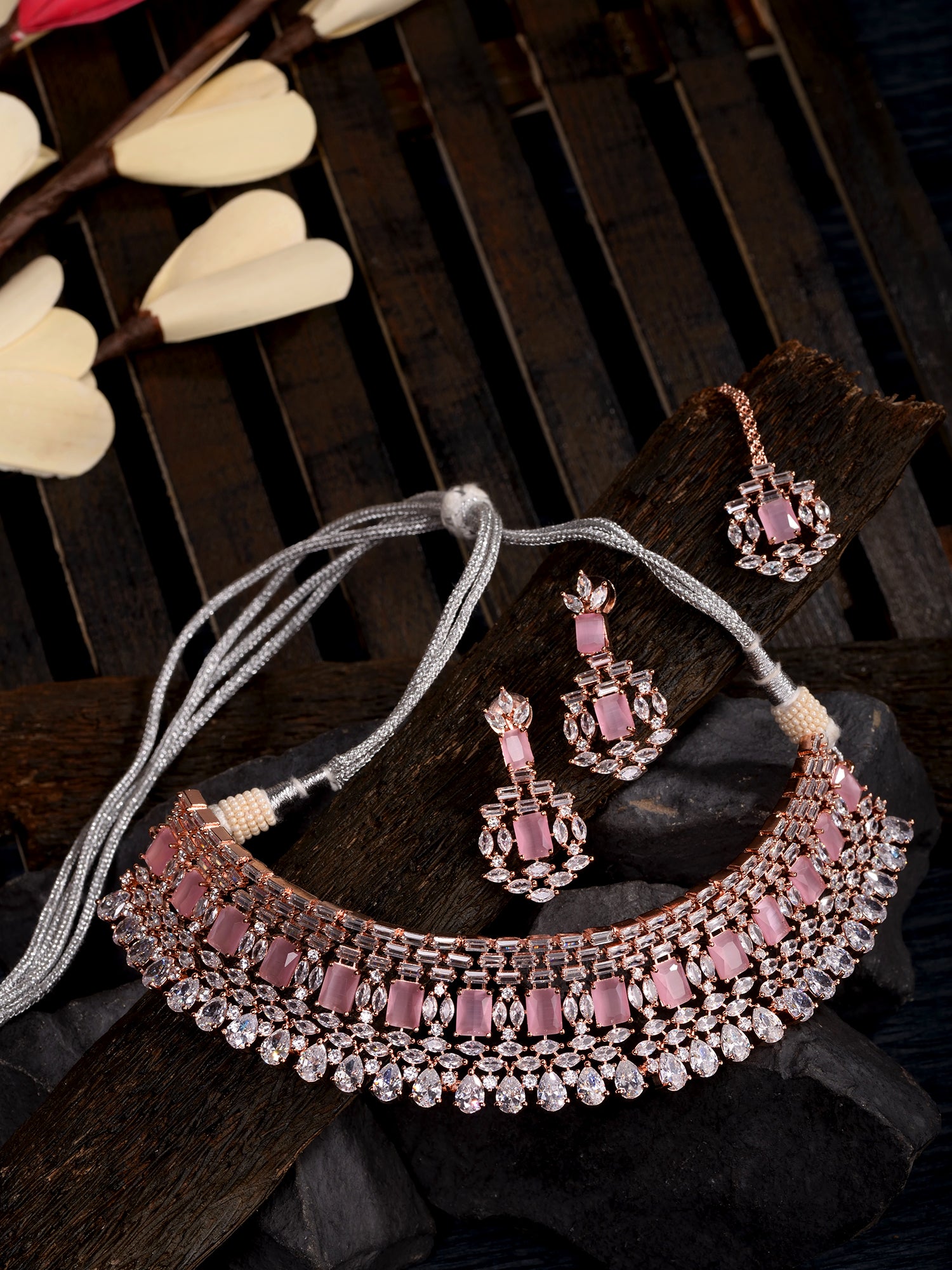 Rose Gold Plated Pink & White AD Studded Choker Earrings &Maang Tika Jewellery Set, zaveri pearls, sale price rs, sale price, sale gold plated, sale gold, sale, rubans, ring, regular price, p