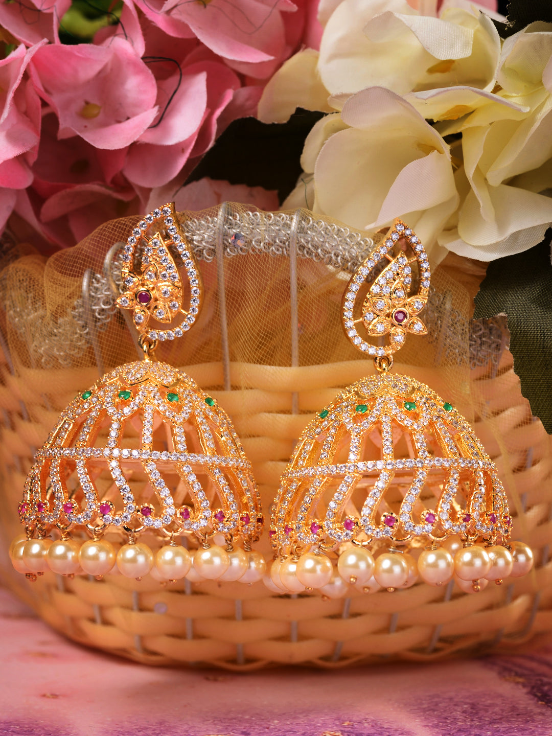 Gold Plated White AD studded handcrafted Dome shaped Jhumkas, zaveri pearls, sale price rs, sale price, sale gold plated, sale gold, sale, rubans, ring, regular price, priyassi jewellery, kus