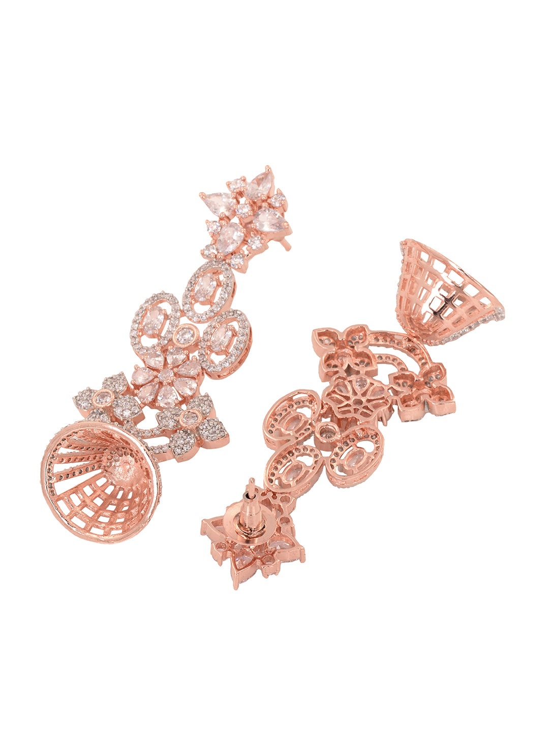 Rose Gold Plated White AD Studded Modern Floral Jhumki Earrings, zaveri pearls, sale price rs, sale price, sale gold plated, sale gold, sale, rubans, ring, regular price, priyassi jewellery, 