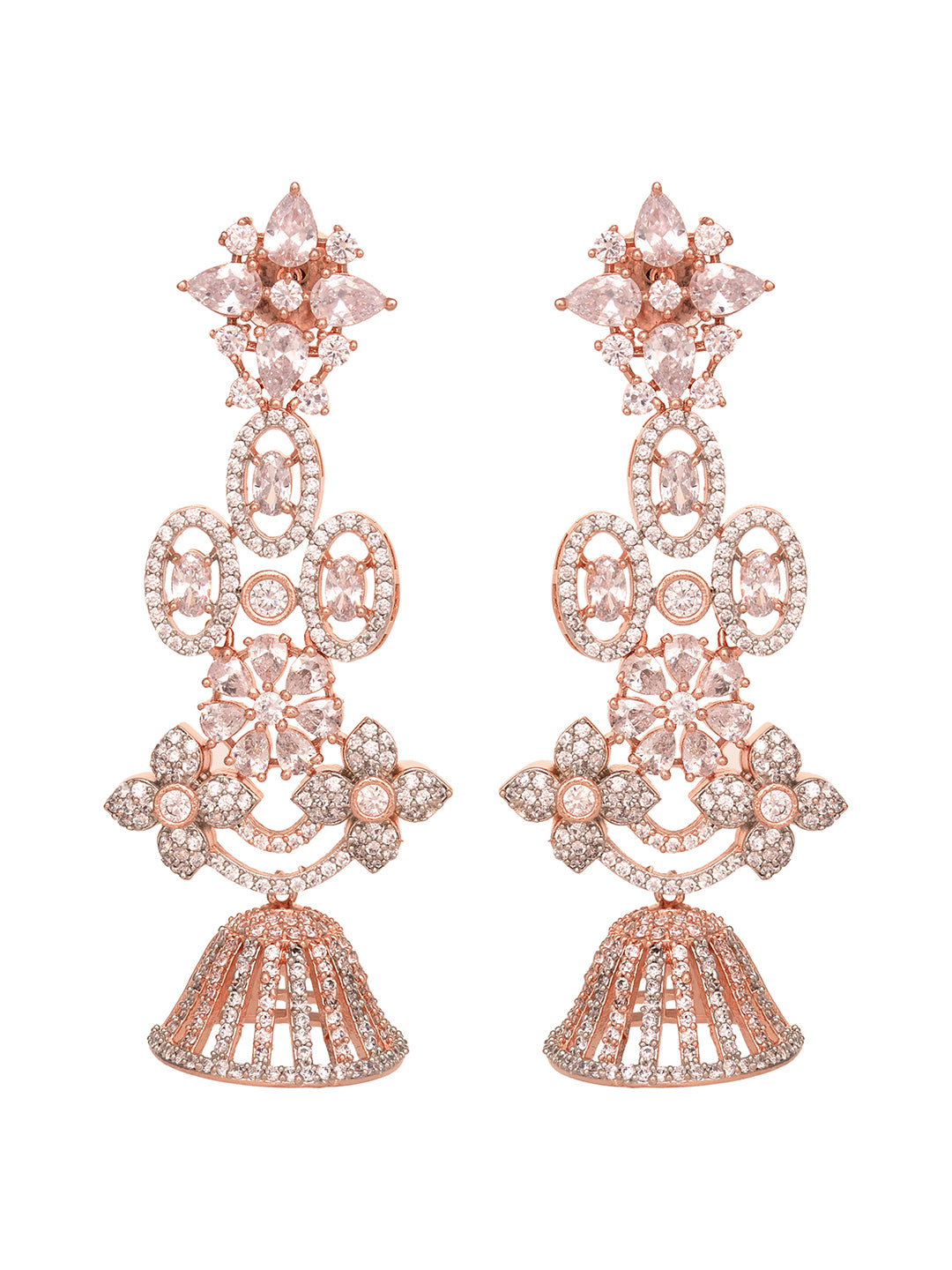 Rose Gold Plated White AD Studded Modern Floral Jhumki Earrings, zaveri pearls, sale price rs, sale price, sale gold plated, sale gold, sale, rubans, ring, regular price, priyassi jewellery, 