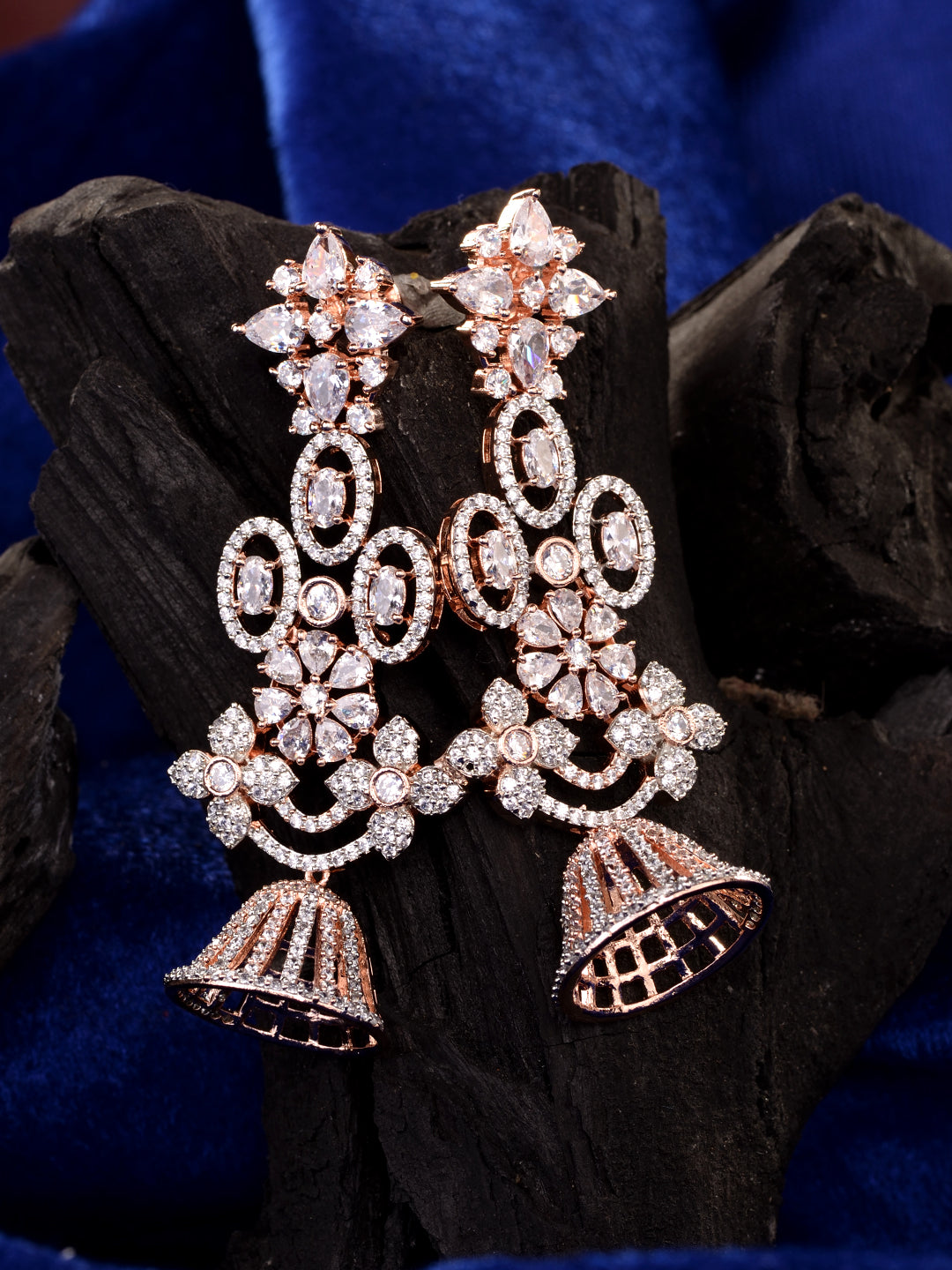 Rose Gold Plated White AD Studded Modern Floral Jhumki Earrings, zaveri pearls, sale price rs, sale price, sale gold plated, sale gold, sale, rubans, ring, regular price, priyassi jewellery, 