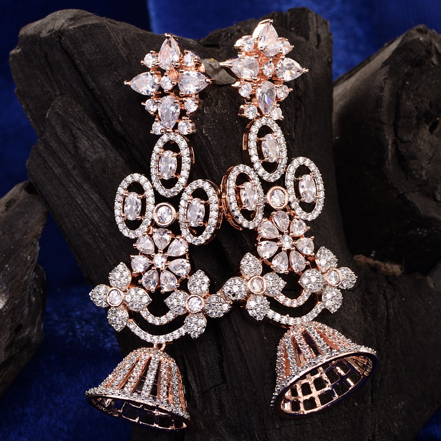 Rose Gold Plated White AD Studded Modern Floral Jhumki Earrings, zaveri pearls, sale price rs, sale price, sale gold plated, sale gold, sale, rubans, ring, regular price, priyassi jewellery, 