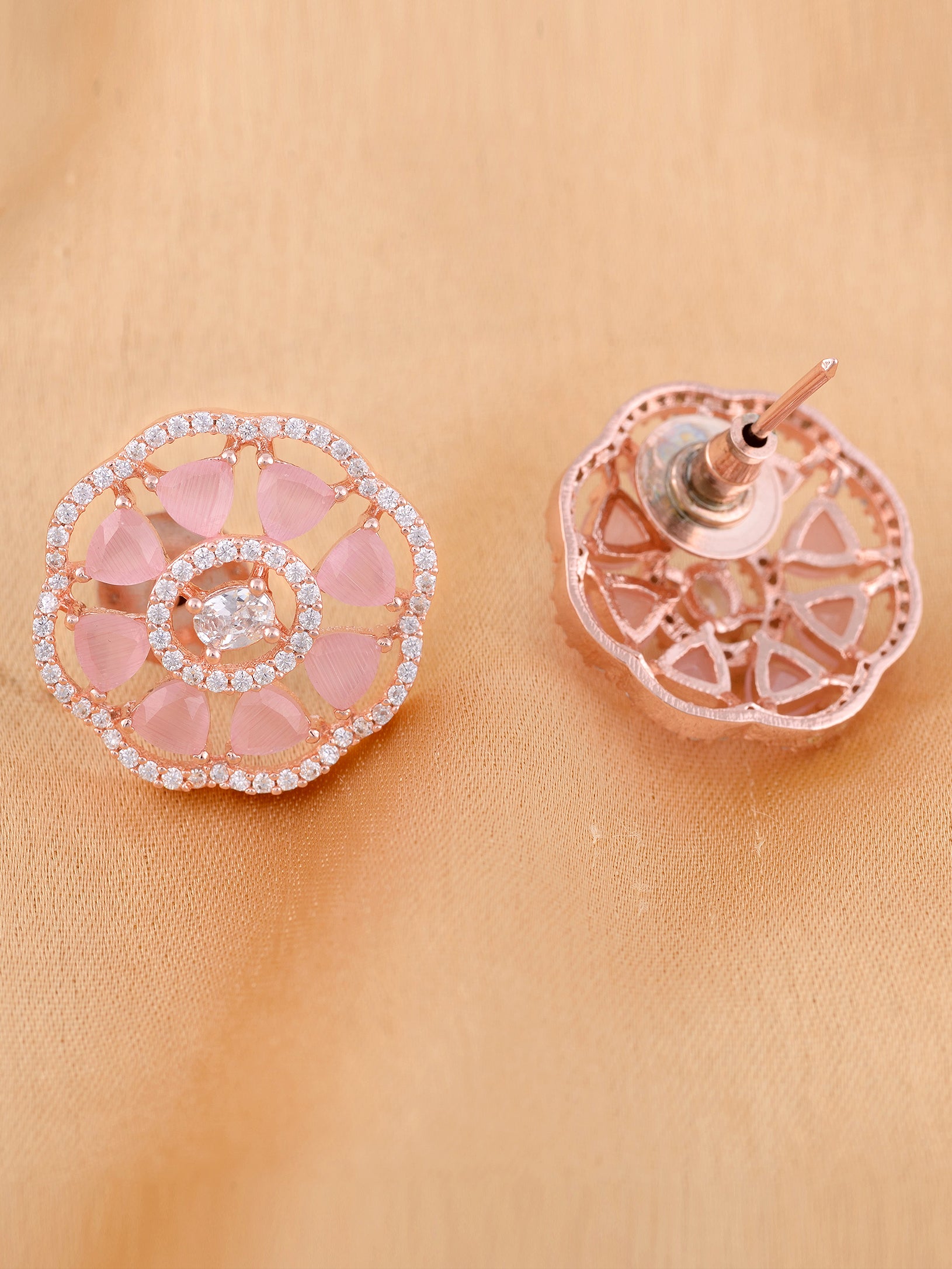 Handcrafted Floral Design Pastel pink studs Rose quartz small earrings Rose gold plated, zaveri pearls, sale price rs, sale price, sale gold plated, sale gold, sale, rubans, ring, regular pri