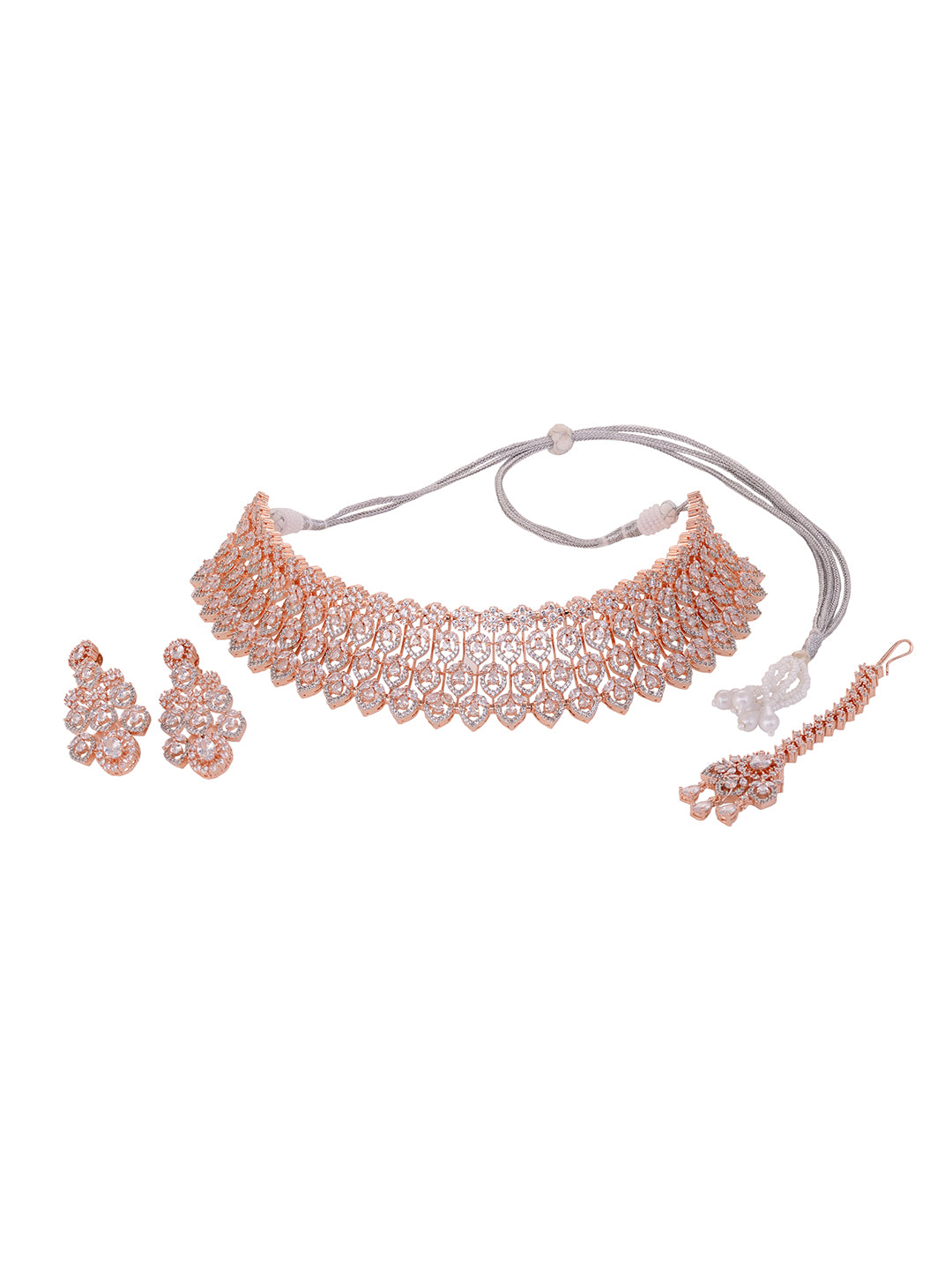 Rose Gold Plated White AD Choker mang Tika jewellery Set, zaveri pearls, sale price rs, sale price, sale gold plated, sale gold, sale, rubans, ring, regular price, priyassi jewellery, kushal'