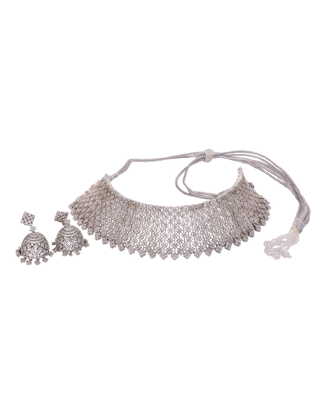 Silver Rhodium Plated White AD Choker Jhumka Jewellery Set, zaveri pearls, sale price rs, sale price, sale gold plated, sale gold, sale, rubans, ring, regular price, priyassi jewellery, kusha