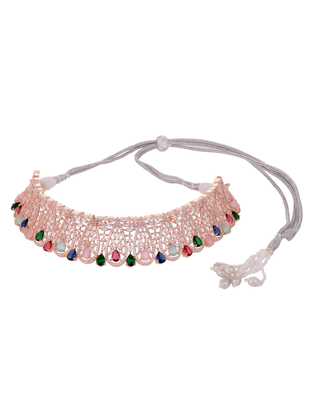 Rose Gold Plated Nav Ratna AD Studded Choker Jewellery Set, zaveri pearls, sale price rs, sale price, sale gold plated, sale gold, sale, rubans, ring, regular price, priyassi jewellery, kusha