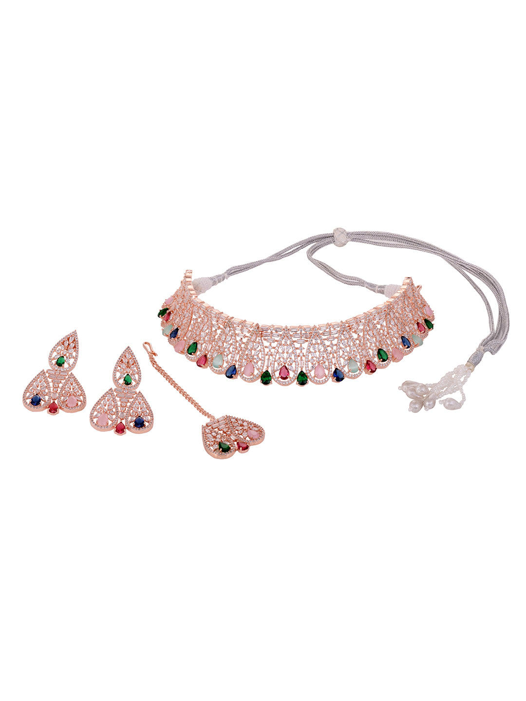 Rose Gold Plated Nav Ratna AD Studded Choker Jewellery Set, zaveri pearls, sale price rs, sale price, sale gold plated, sale gold, sale, rubans, ring, regular price, priyassi jewellery, kusha