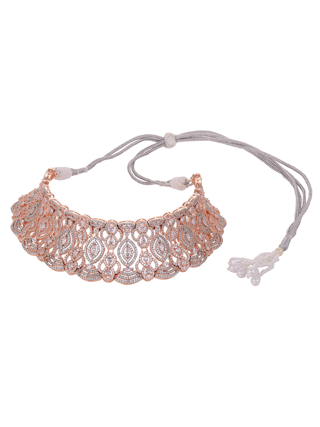 Rose Gold Plated White AD Studded Heavy Choker Jewellery Set, zaveri pearls, sale price rs, sale price, sale gold plated, sale gold, sale, rubans, ring, regular price, priyassi jewellery, kus