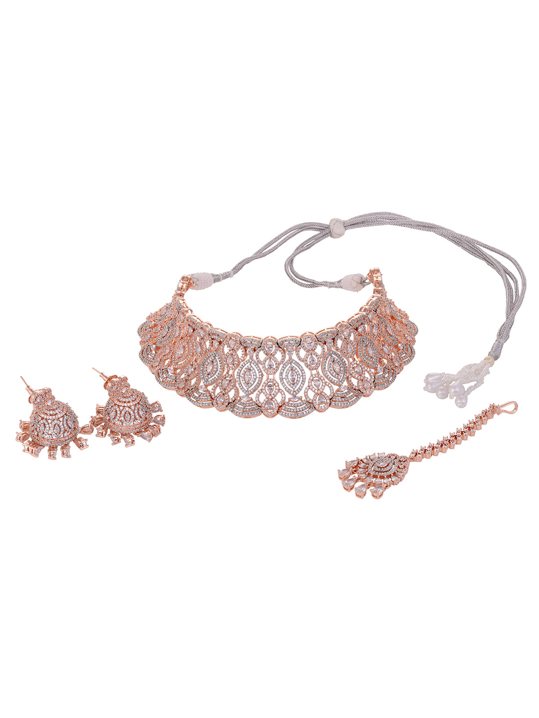 Rose Gold Plated White AD Studded Heavy Choker Jewellery Set, zaveri pearls, sale price rs, sale price, sale gold plated, sale gold, sale, rubans, ring, regular price, priyassi jewellery, kus