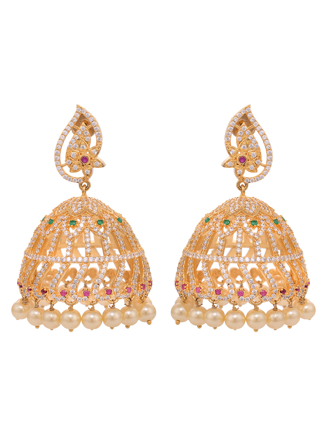 Gold Plated White AD studded handcrafted Dome shaped Jhumkas, zaveri pearls, sale price rs, sale price, sale gold plated, sale gold, sale, rubans, ring, regular price, priyassi jewellery, kus