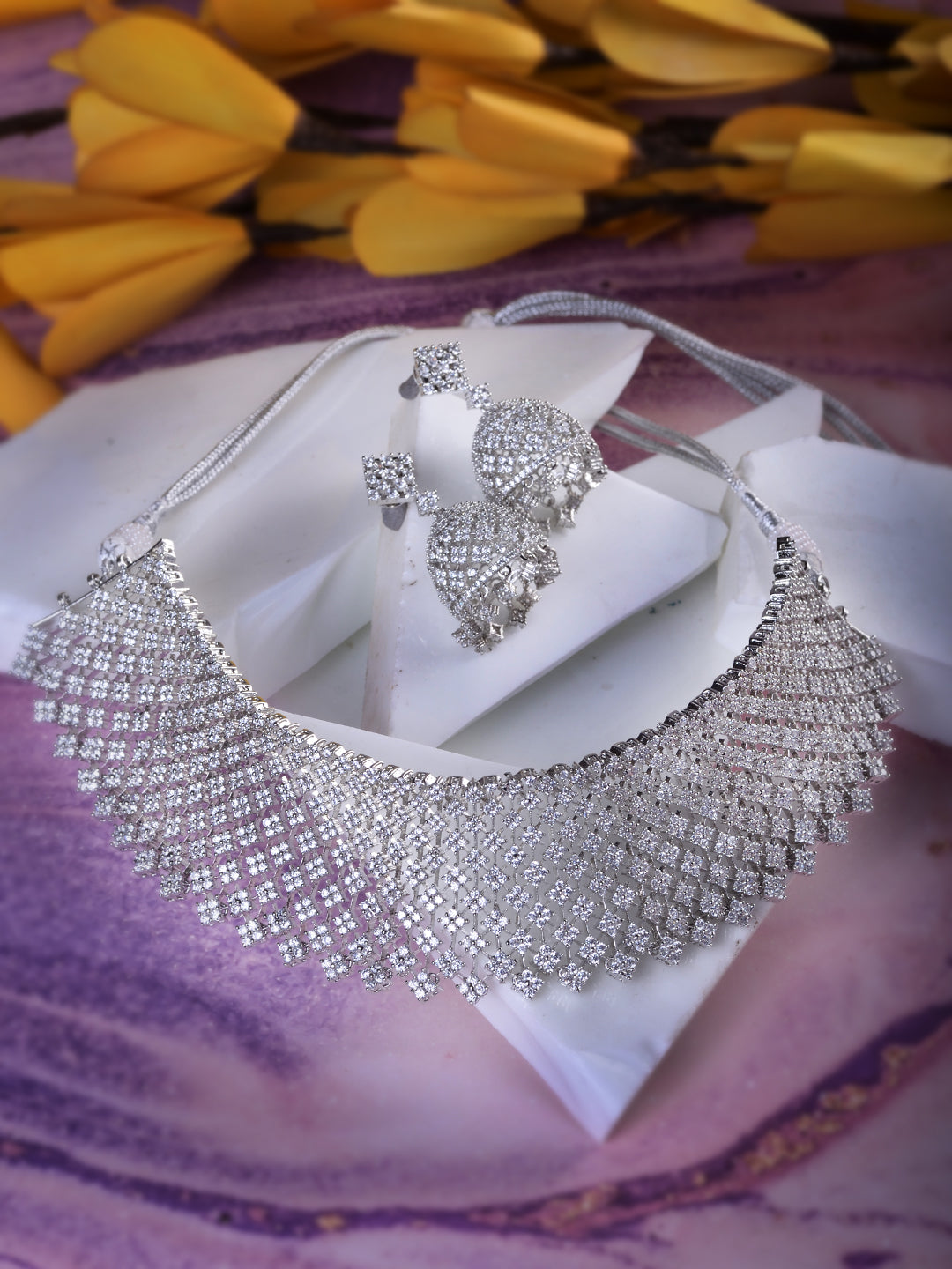 Silver Rhodium Plated White AD Choker Jhumka Jewellery Set, zaveri pearls, sale price rs, sale price, sale gold plated, sale gold, sale, rubans, ring, regular price, priyassi jewellery, kusha