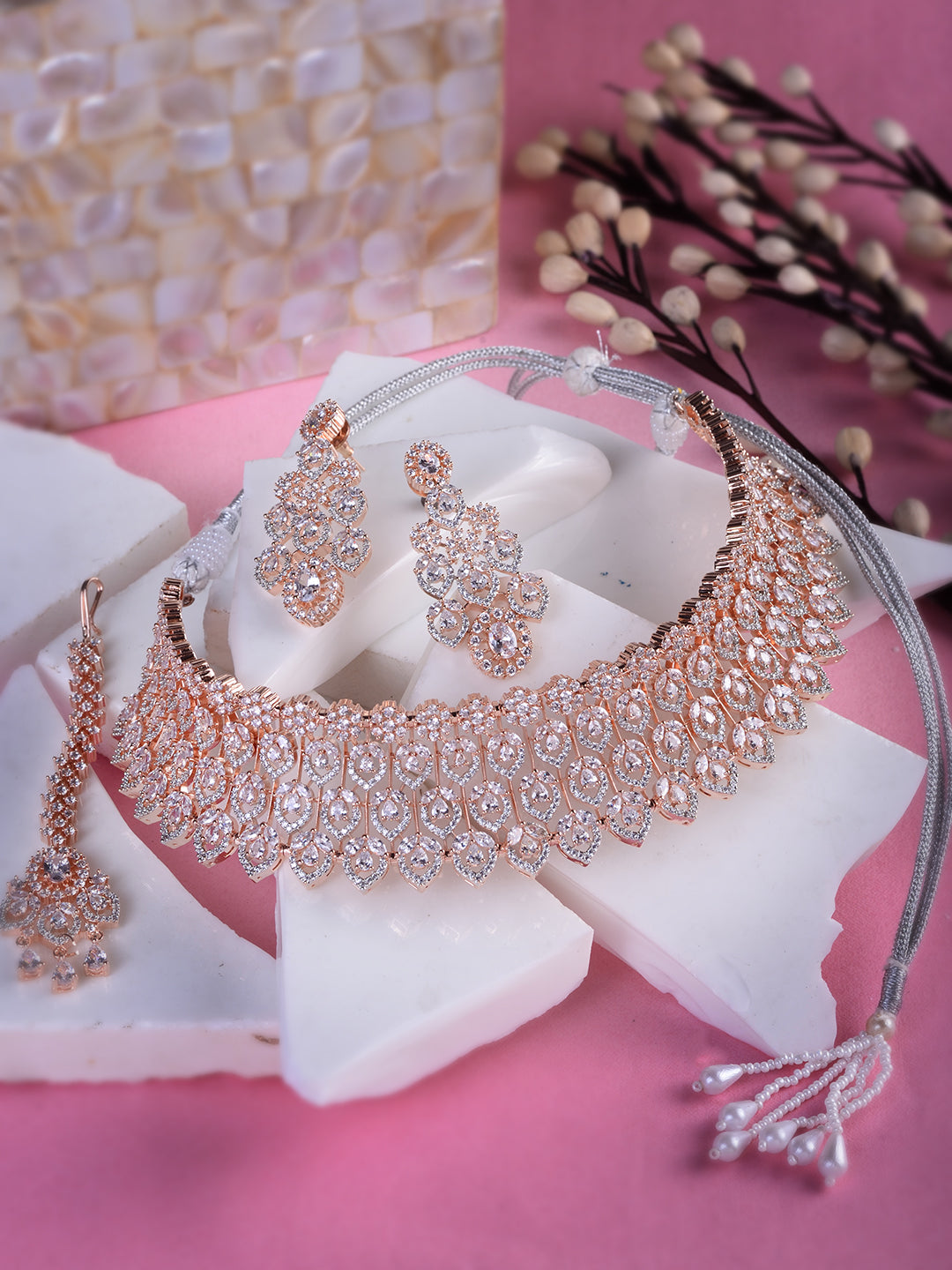 Rose Gold Plated White AD Choker mang Tika jewellery Set, zaveri pearls, sale price rs, sale price, sale gold plated, sale gold, sale, rubans, ring, regular price, priyassi jewellery, kushal'