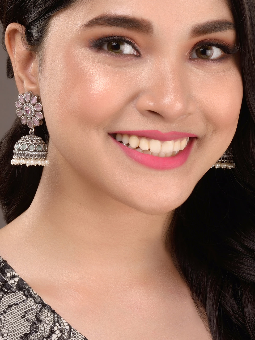 Oxidised Siver Pink Stone Studded Dome Jhumka Earrings, zaveri pearls, sale price rs, sale price, sale gold plated, sale gold, sale, rubans, ring, regular price, priyassi jewellery, kushal's 