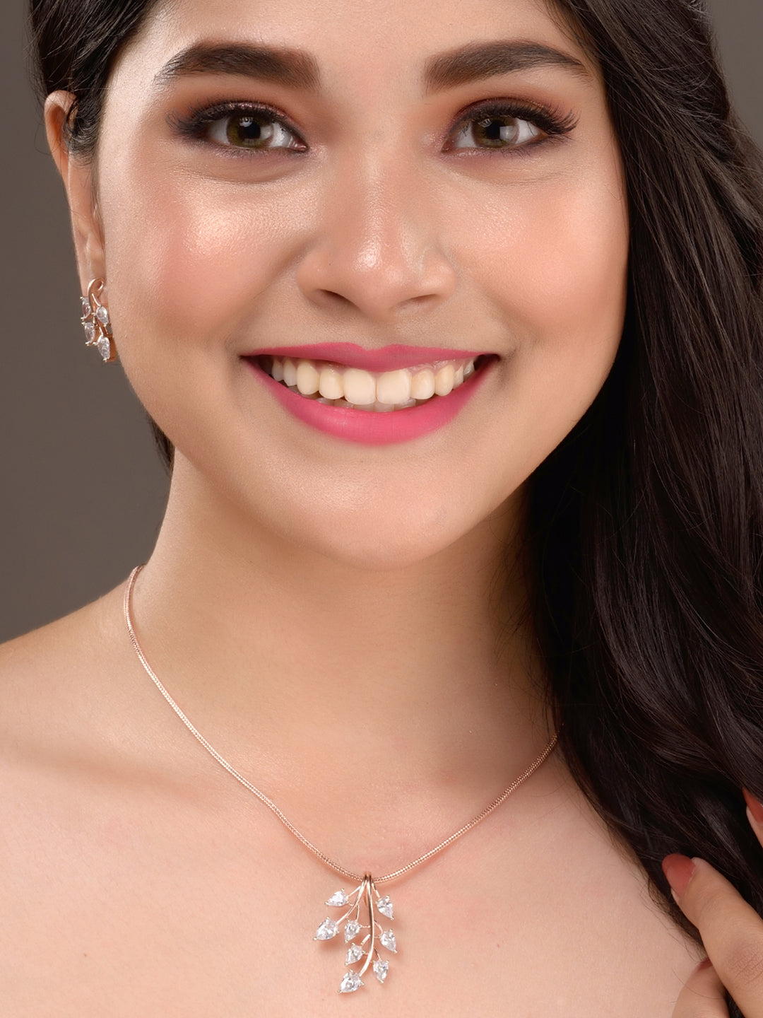 Rose Gold Plated White AD Studded Leaf Design Locket Jewellery Set, zaveri pearls, sale price rs, sale price, sale gold plated, sale gold, sale, rubans, ring, regular price, priyassi jeweller