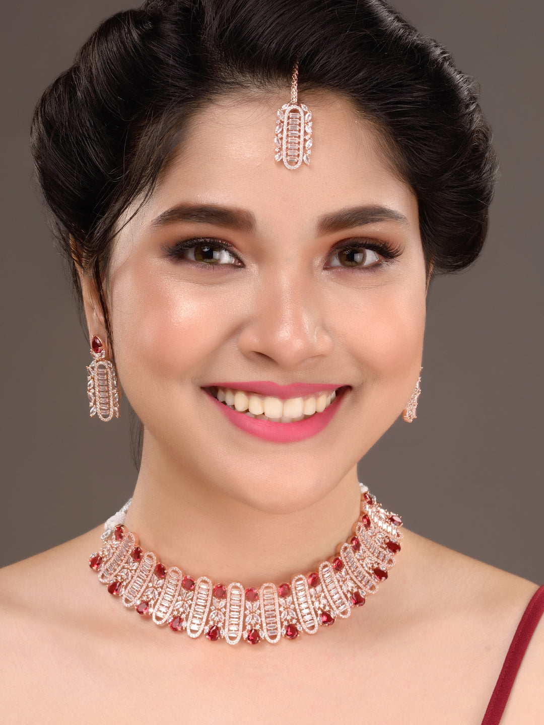 Rose Gold Plated Red & White AD Studded Choker Tika Jewellery Set, zaveri pearls, sale price rs, sale price, sale gold plated, sale gold, sale, rubans, ring, regular price, priyassi jewellery