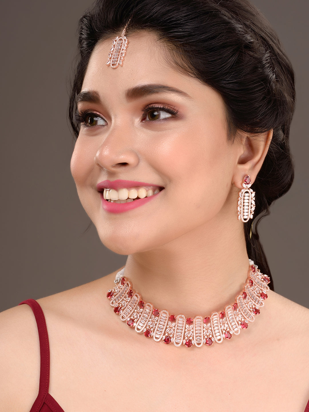 Rose Gold Plated Red & White AD Studded Choker Tika Jewellery Set, zaveri pearls, sale price rs, sale price, sale gold plated, sale gold, sale, rubans, ring, regular price, priyassi jewellery