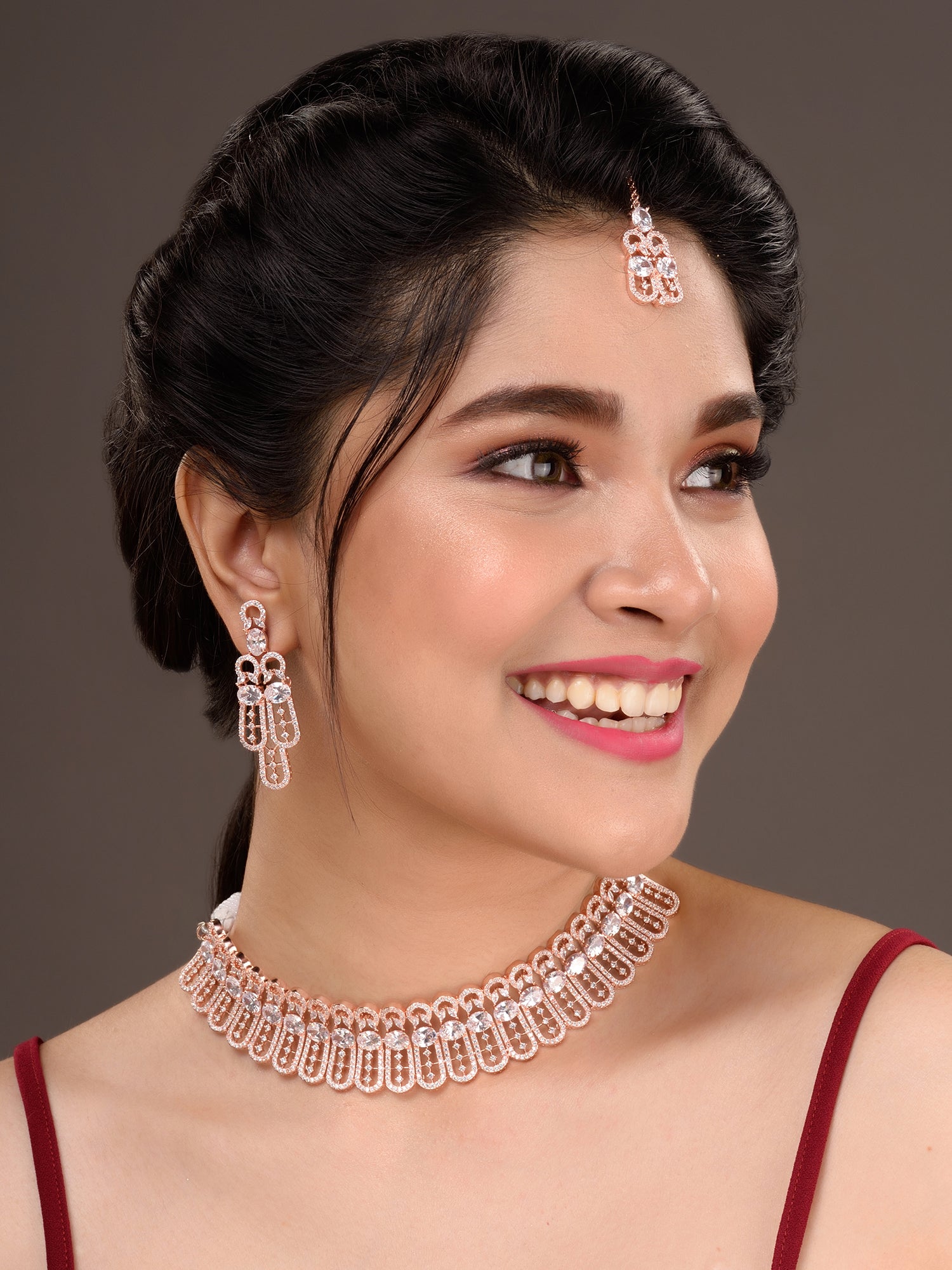 Rose Gold Plated White AD Studded Designer Choker Jewellery Set Mang Tika, zaveri pearls, sale price rs, sale price, sale gold plated, sale gold, sale, rubans, ring, regular price, priyassi j