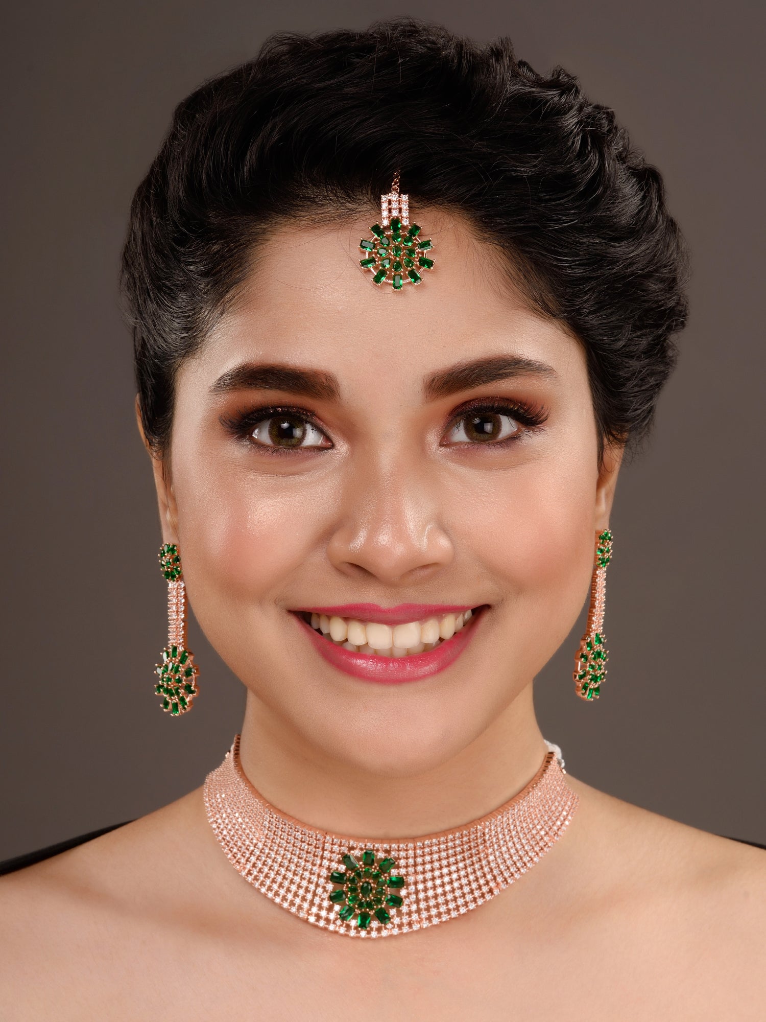Rose gold Toned Green AD Studded Contemporary Choker Jewellery Set Tika, zaveri pearls, sale price rs, sale price, sale gold plated, sale gold, sale, rubans, ring, regular price, priyassi jew