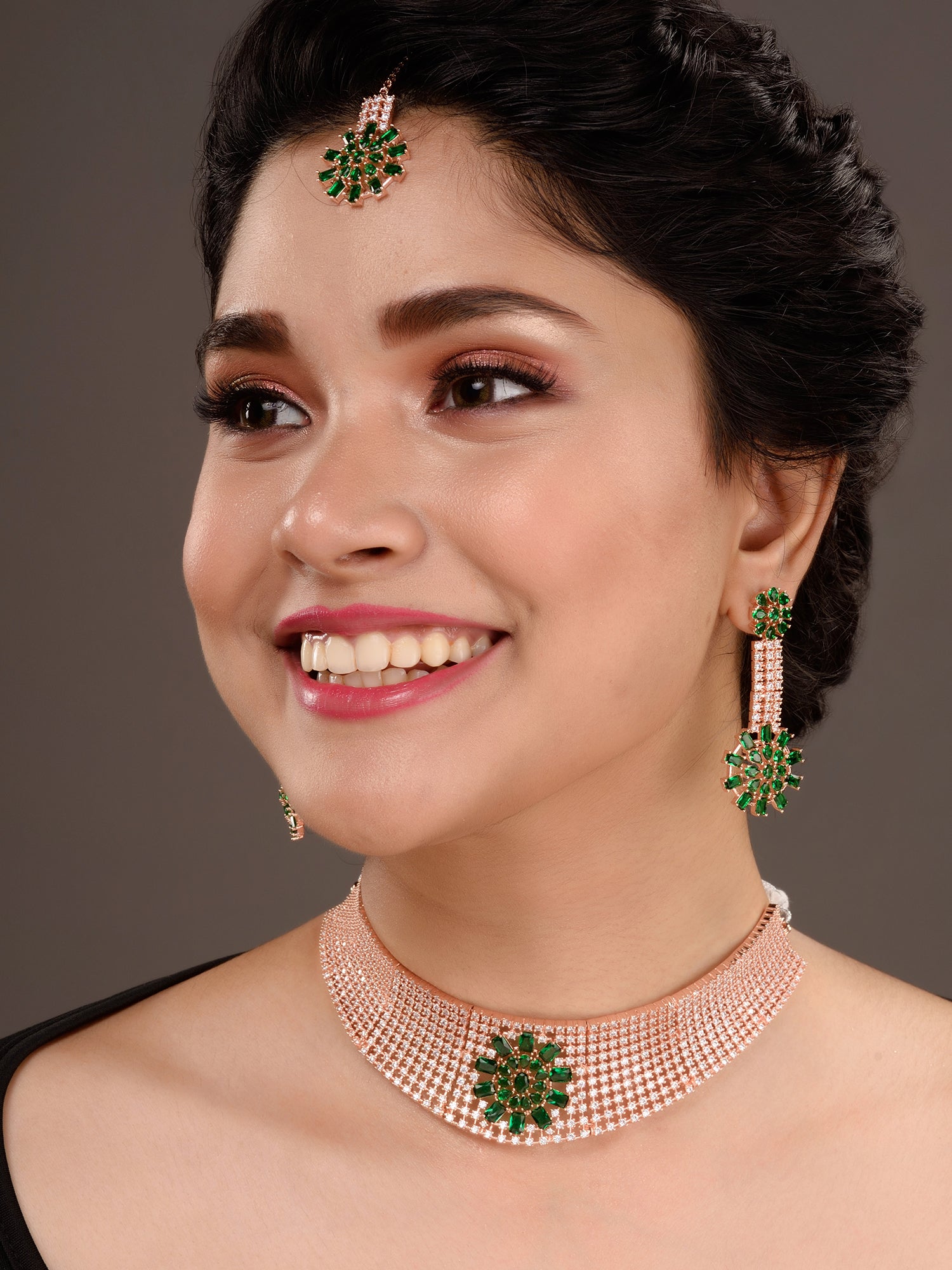Rose gold Toned Green AD Studded Contemporary Choker Jewellery Set Tika, zaveri pearls, sale price rs, sale price, sale gold plated, sale gold, sale, rubans, ring, regular price, priyassi jew