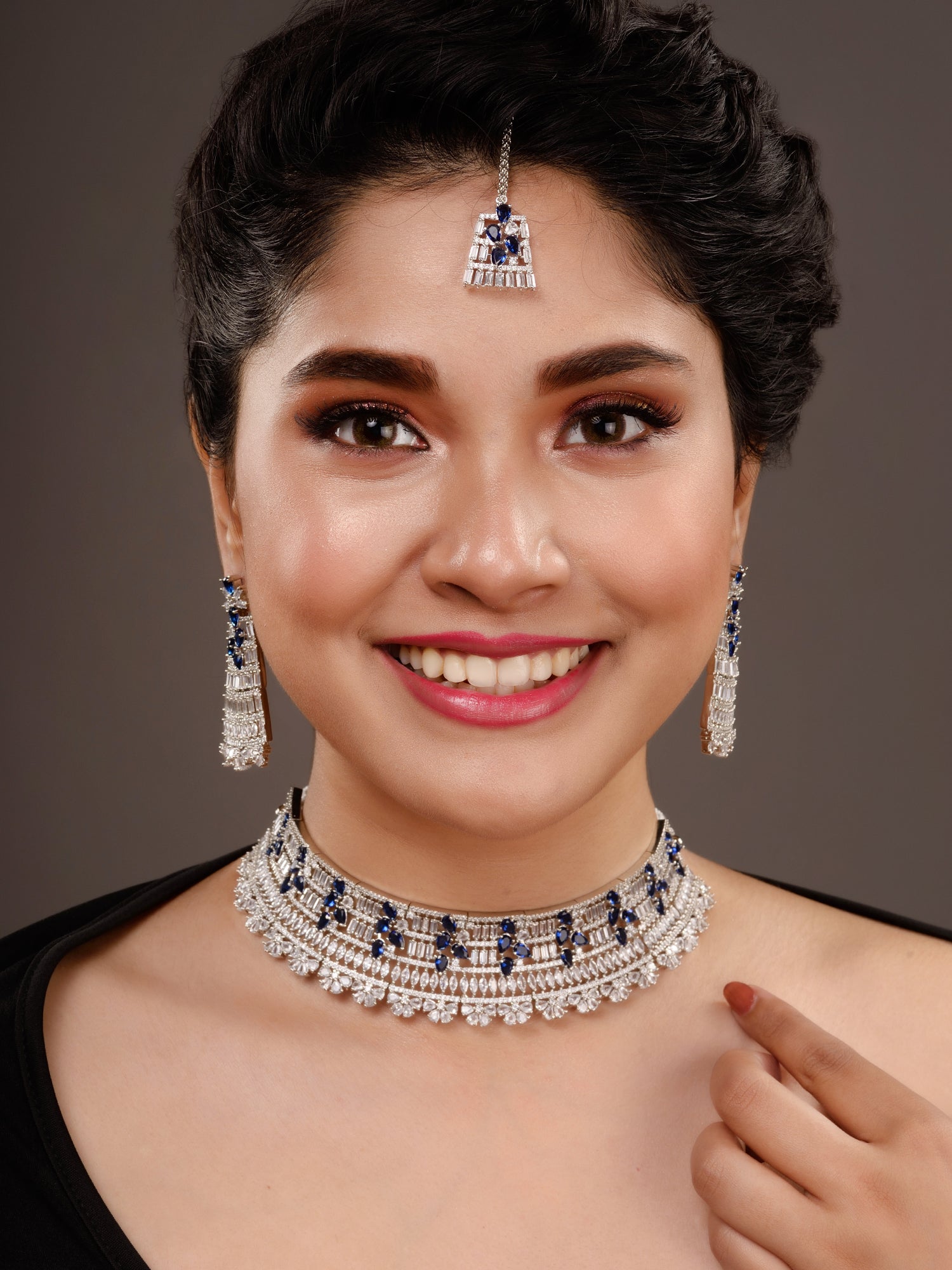 Silver Toned Blue Studded Designer Choker Jewellery Set mang Tika, zaveri pearls, sale price rs, sale price, sale gold plated, sale gold, sale, rubans, ring, regular price, priyassi jewellery
