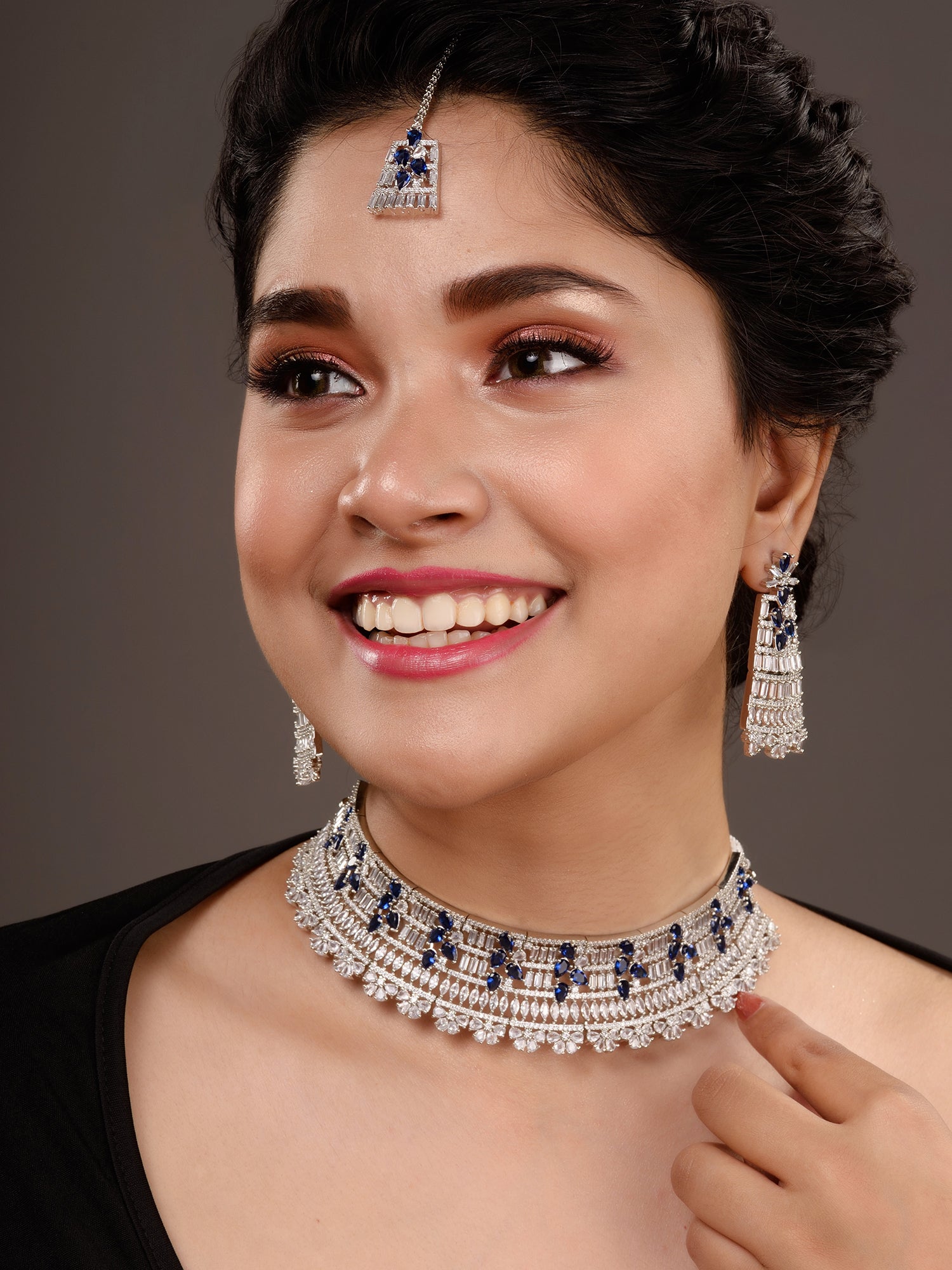 Silver Toned Blue Studded Designer Choker Jewellery Set mang Tika, zaveri pearls, sale price rs, sale price, sale gold plated, sale gold, sale, rubans, ring, regular price, priyassi jewellery