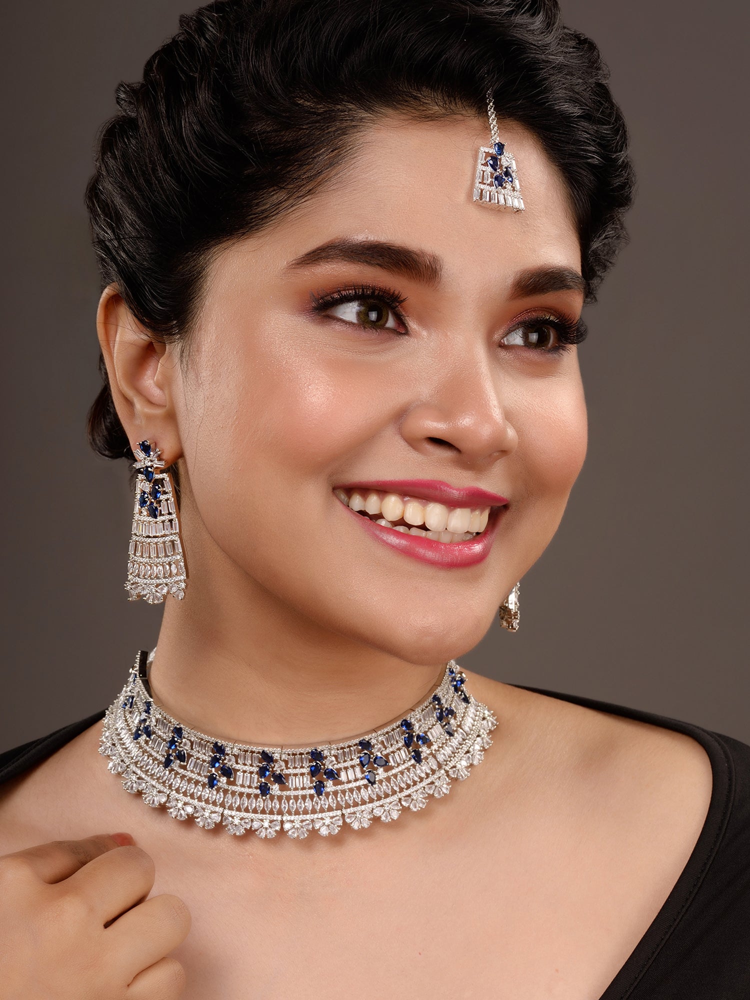 Silver Toned Blue Studded Designer Choker Jewellery Set mang Tika, zaveri pearls, sale price rs, sale price, sale gold plated, sale gold, sale, rubans, ring, regular price, priyassi jewellery