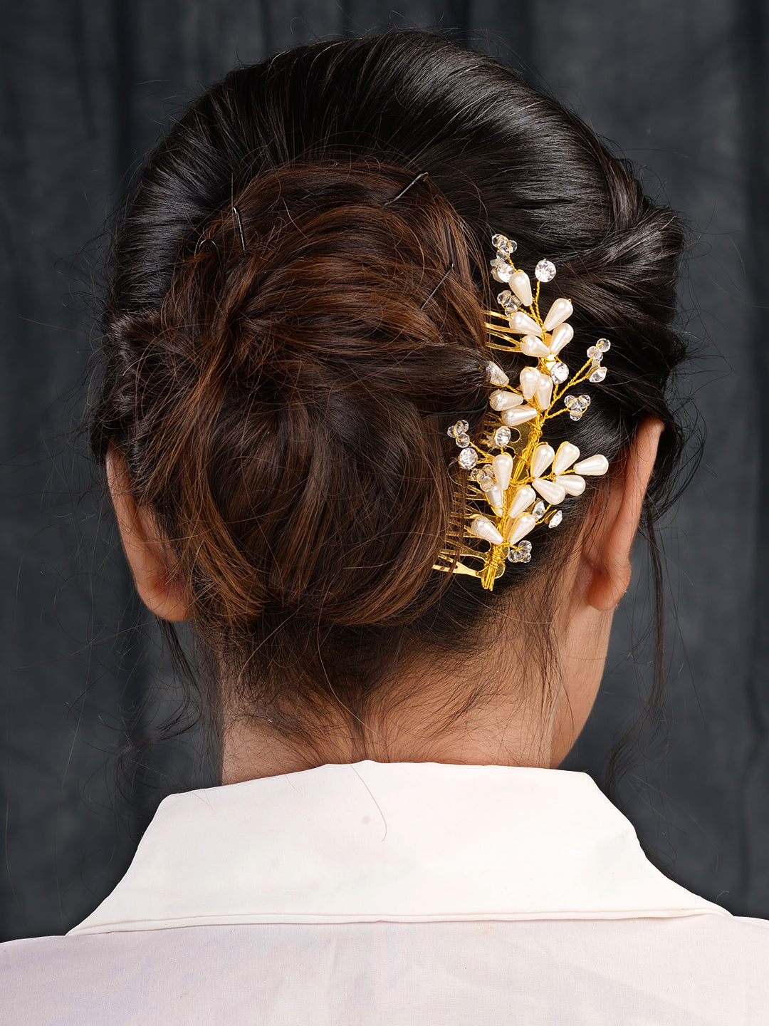 Gold Toned White Pearl Beaded Comb Pin for Girls & Women, zaveri pearls, sale price rs, sale price, sale gold plated, sale gold, sale, rubans, ring, regular price, priyassi jewellery, kushal'