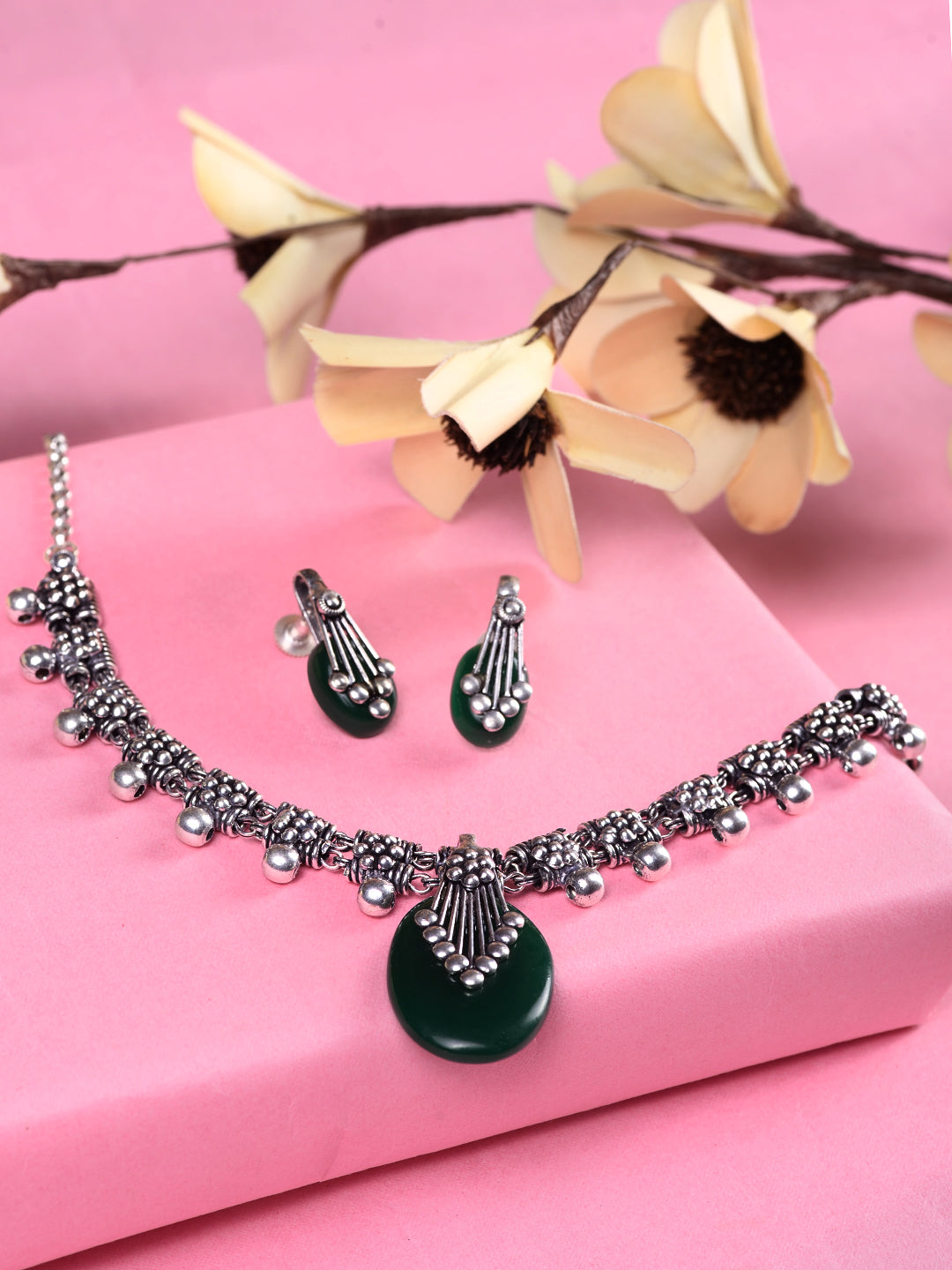Oxidised Silver Plated Green stone studded Statement Necklace Jewellery Set, zaveri pearls, sale price rs, sale price, sale gold plated, sale gold, sale, rubans, ring, regular price, priyassi