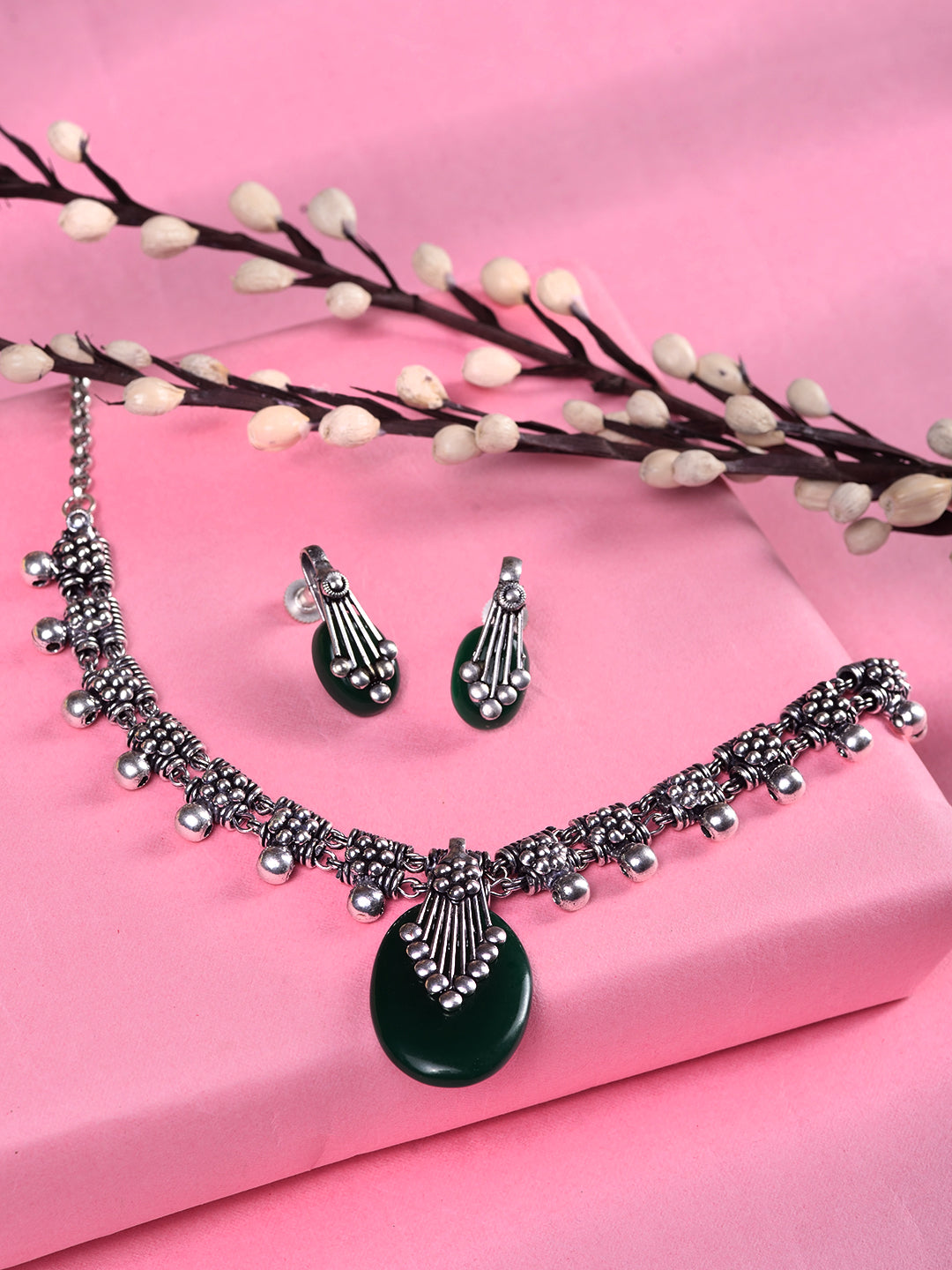 Oxidised Silver Plated Green stone studded Statement Necklace Jewellery Set, zaveri pearls, sale price rs, sale price, sale gold plated, sale gold, sale, rubans, ring, regular price, priyassi