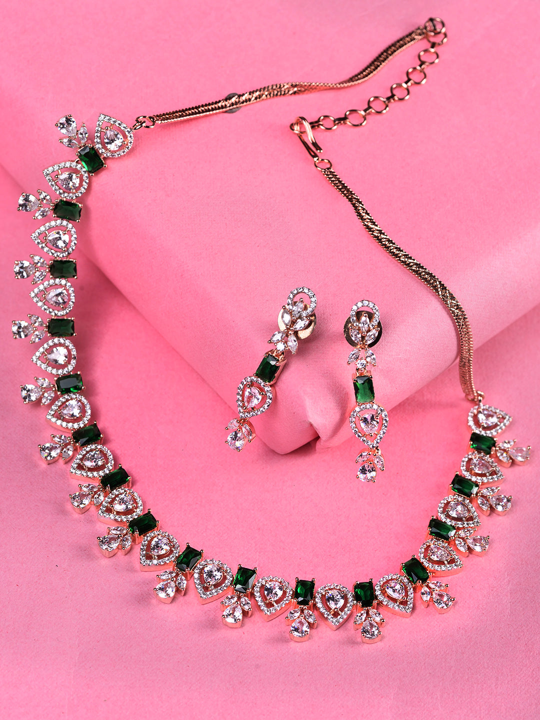 Rose Gold Plated Green AD Studded Floral Necklace Jewellery Set, zaveri pearls, sale price rs, sale price, sale gold plated, sale gold, sale, rubans, ring, regular price, priyassi jewellery, 