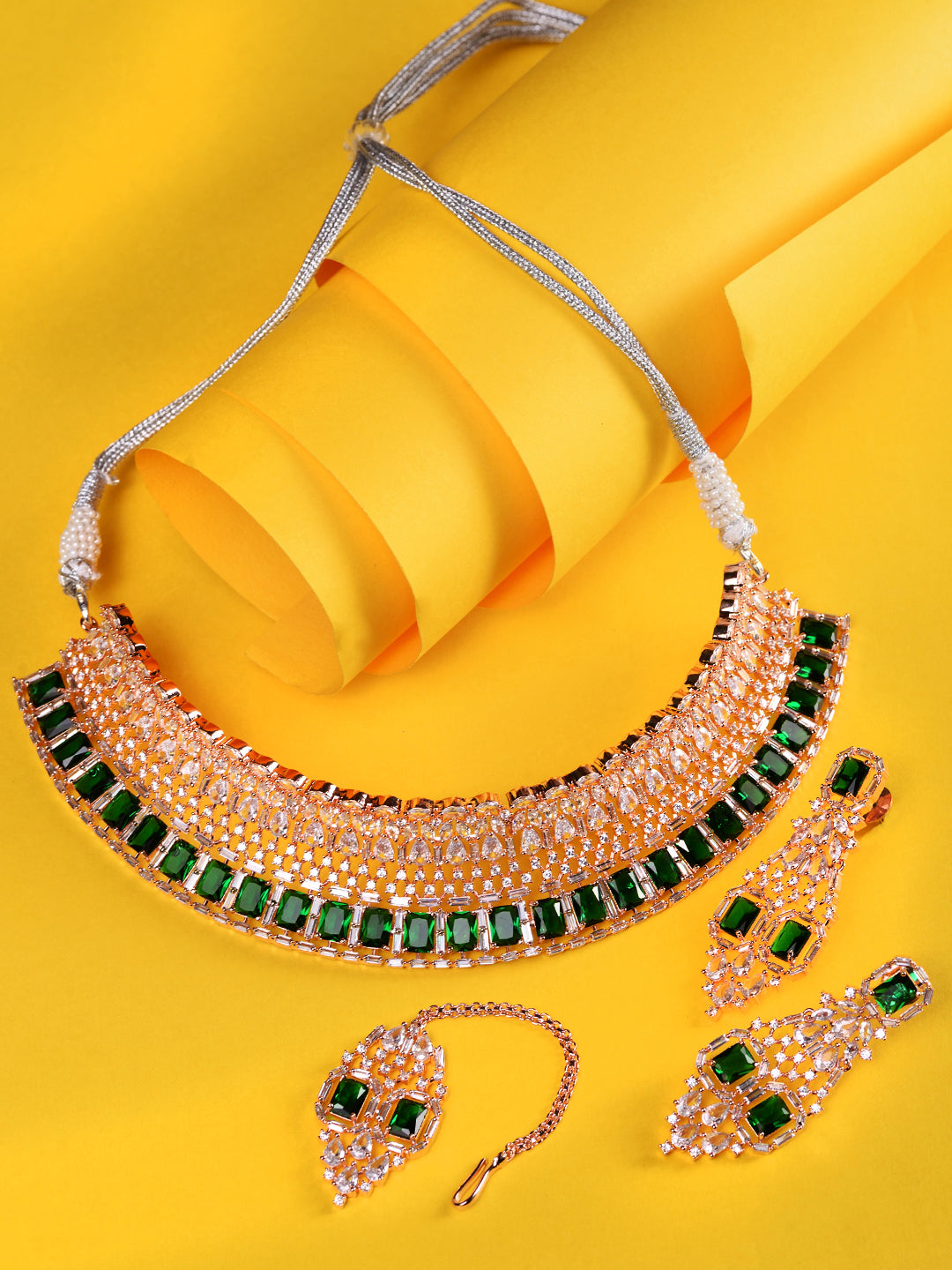 Rose Gold Plated Green AD Studded Bridal Choker Jewellery Set, zaveri pearls, sale price rs, sale price, sale gold plated, sale gold, sale, rubans, ring, regular price, priyassi jewellery, ku