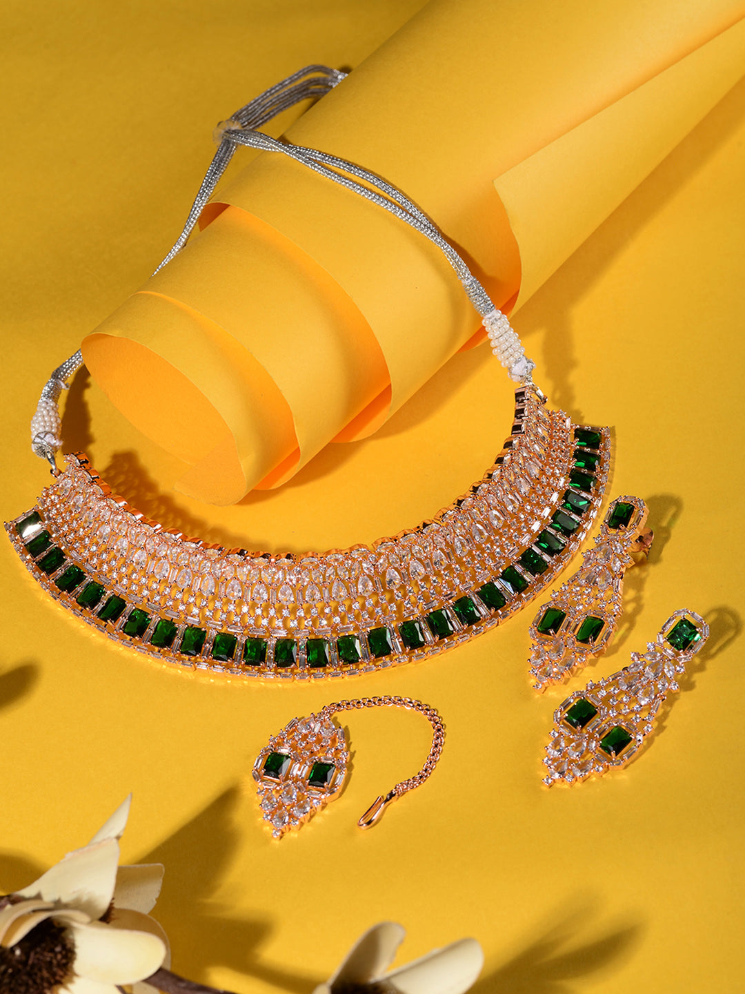 Rose Gold Plated Green AD Studded Bridal Choker Jewellery Set, zaveri pearls, sale price rs, sale price, sale gold plated, sale gold, sale, rubans, ring, regular price, priyassi jewellery, ku