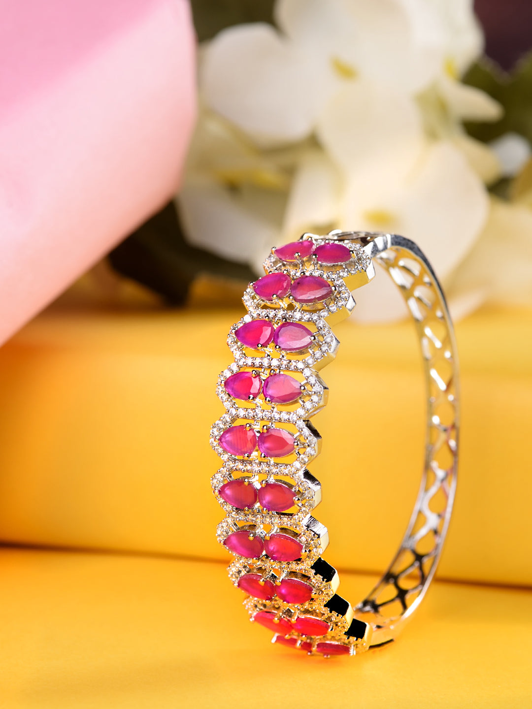 Silver Plated Fuschia Studded Statement Kada Bracelet, zaveri pearls, sale price rs, sale price, sale gold plated, sale gold, sale, rubans, ring, regular price, priyassi jewellery, kushal's -