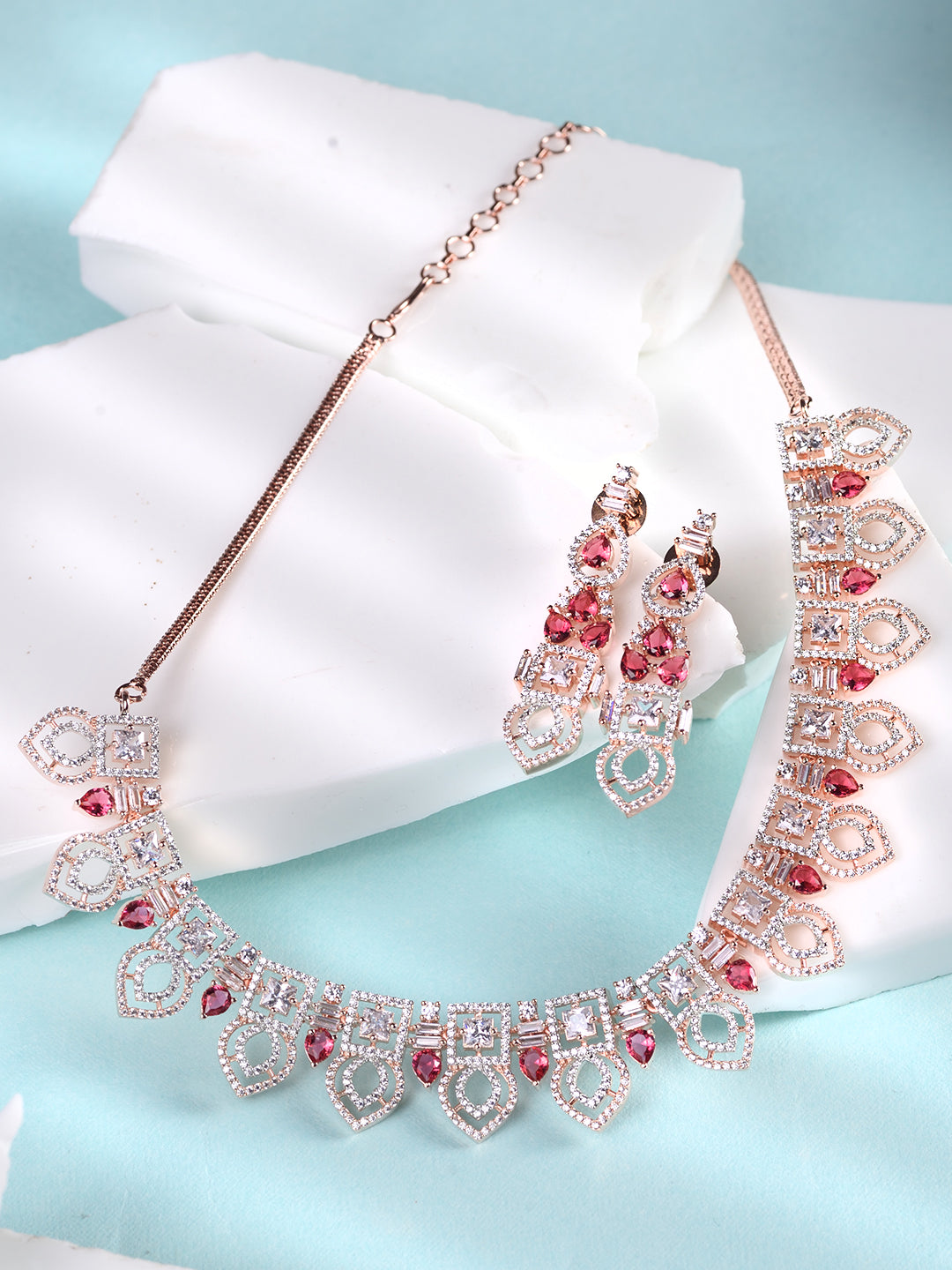 Rose Gold Toned Red AD Studded Necklace Jewellery Set, zaveri pearls, sale price rs, sale price, sale gold plated, sale gold, sale, rubans, ring, regular price, priyassi jewellery, kushal's -