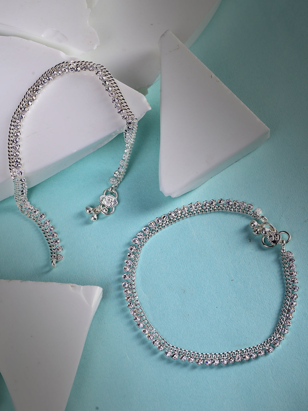 Set Of 2 Silver Plated White AD Studded Modern Payal Anklet, zaveri pearls, sale price rs, sale price, sale gold plated, sale gold, sale, rubans, ring, regular price, priyassi jewellery, kush