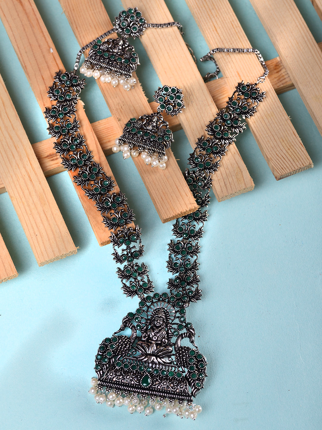 Oxidised Silver toned Green stone Studded Temple Necklace Jewellery Set, zaveri pearls, sale price rs, sale price, sale gold plated, sale gold, sale, rubans, ring, regular price, priyassi jew