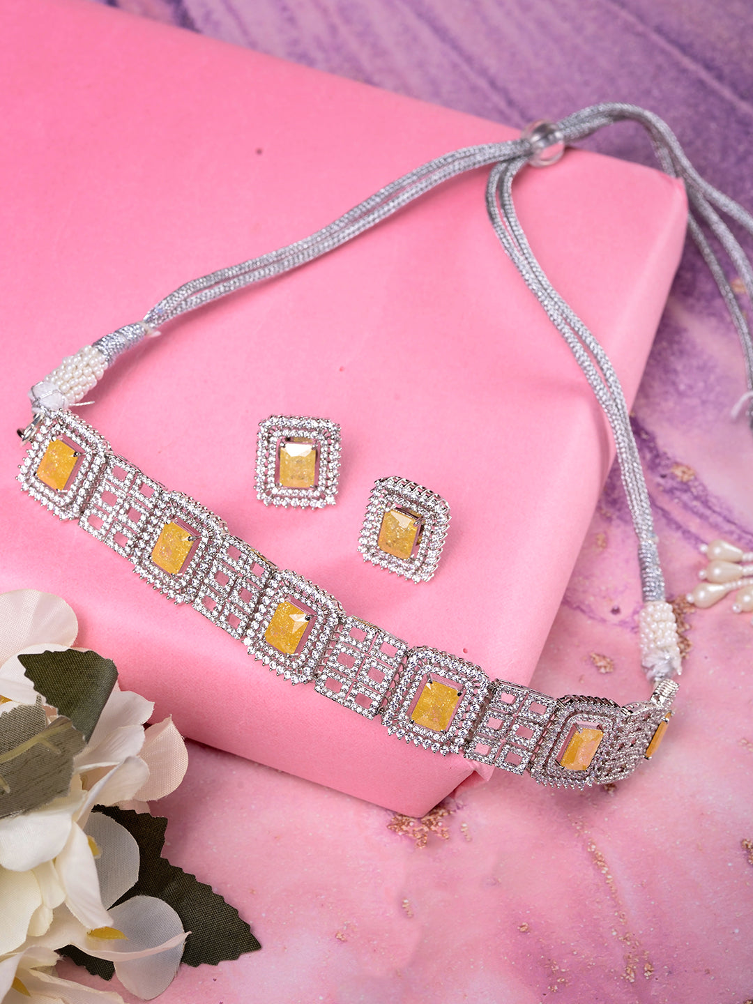 Rose Gold Plated Yellow AD studded Sleek Choker Jewellery Set, zaveri pearls, sale price rs, sale price, sale gold plated, sale gold, sale, rubans, ring, regular price, priyassi jewellery, ku