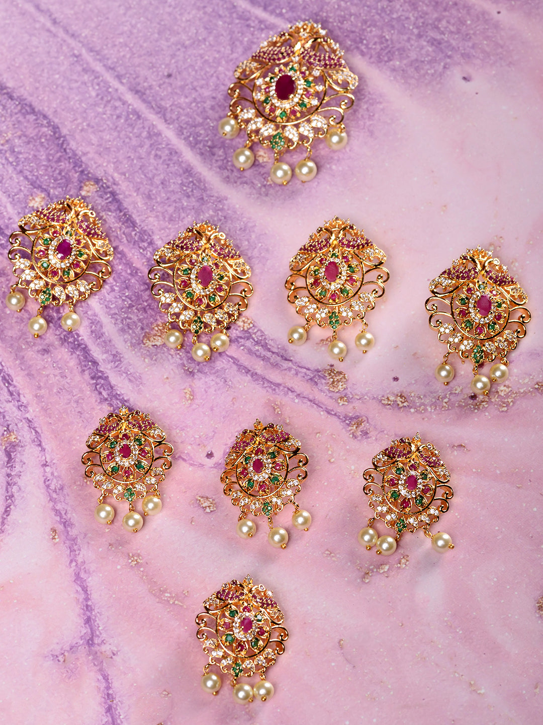 Set Of 9 Gold Toned Red AD Studded & Pearl Beads Choti Jadai, zaveri pearls, sale price rs, sale price, sale gold plated, sale gold, sale, rubans, ring, regular price, priyassi jewellery, kus