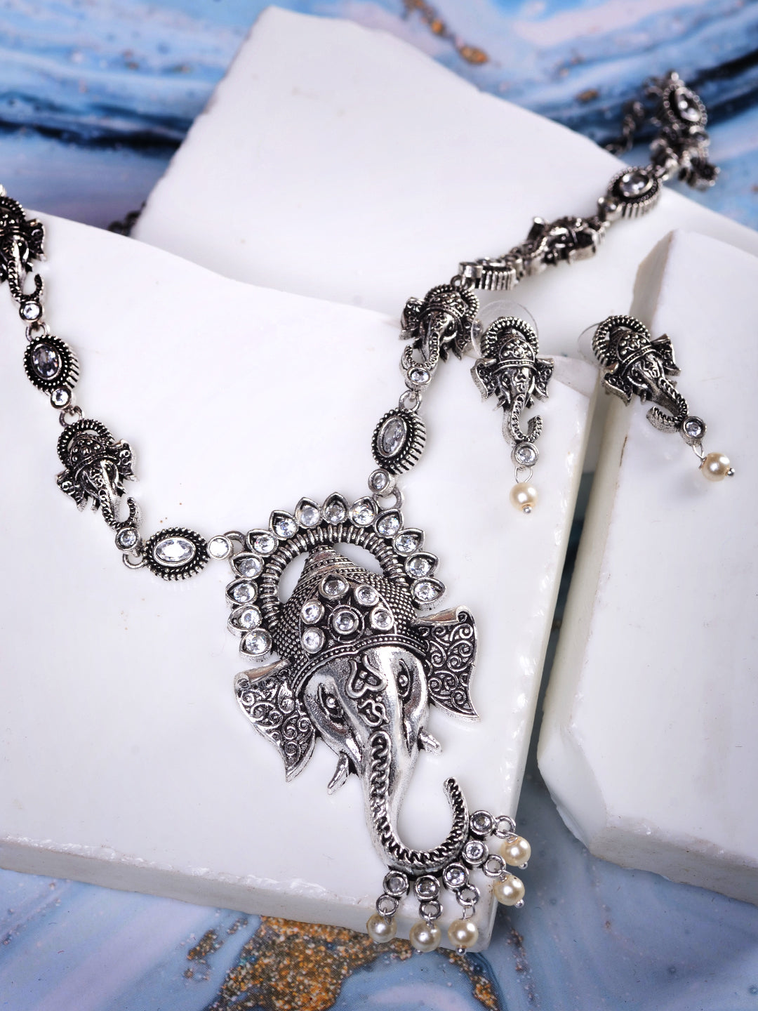 Oxidised Silver Plated & Beaded Lord Ganesha Necklace Jewellery Set, zaveri pearls, sale price rs, sale price, sale gold plated, sale gold, sale, rubans, ring, regular price, priyassi jewelle